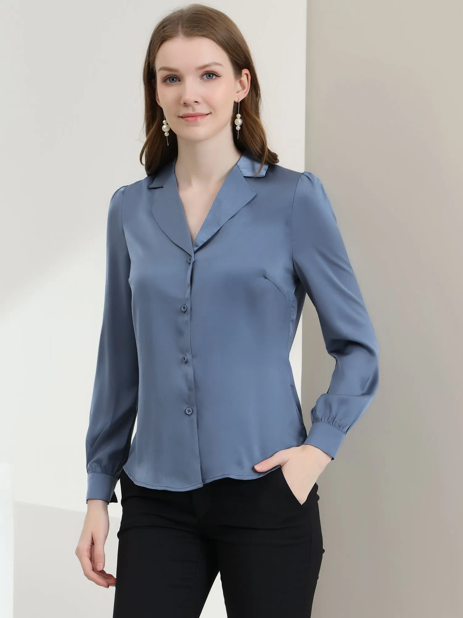 Elegant Collar Blouse Long Sleeve Work Office Satin Button Down Shirt