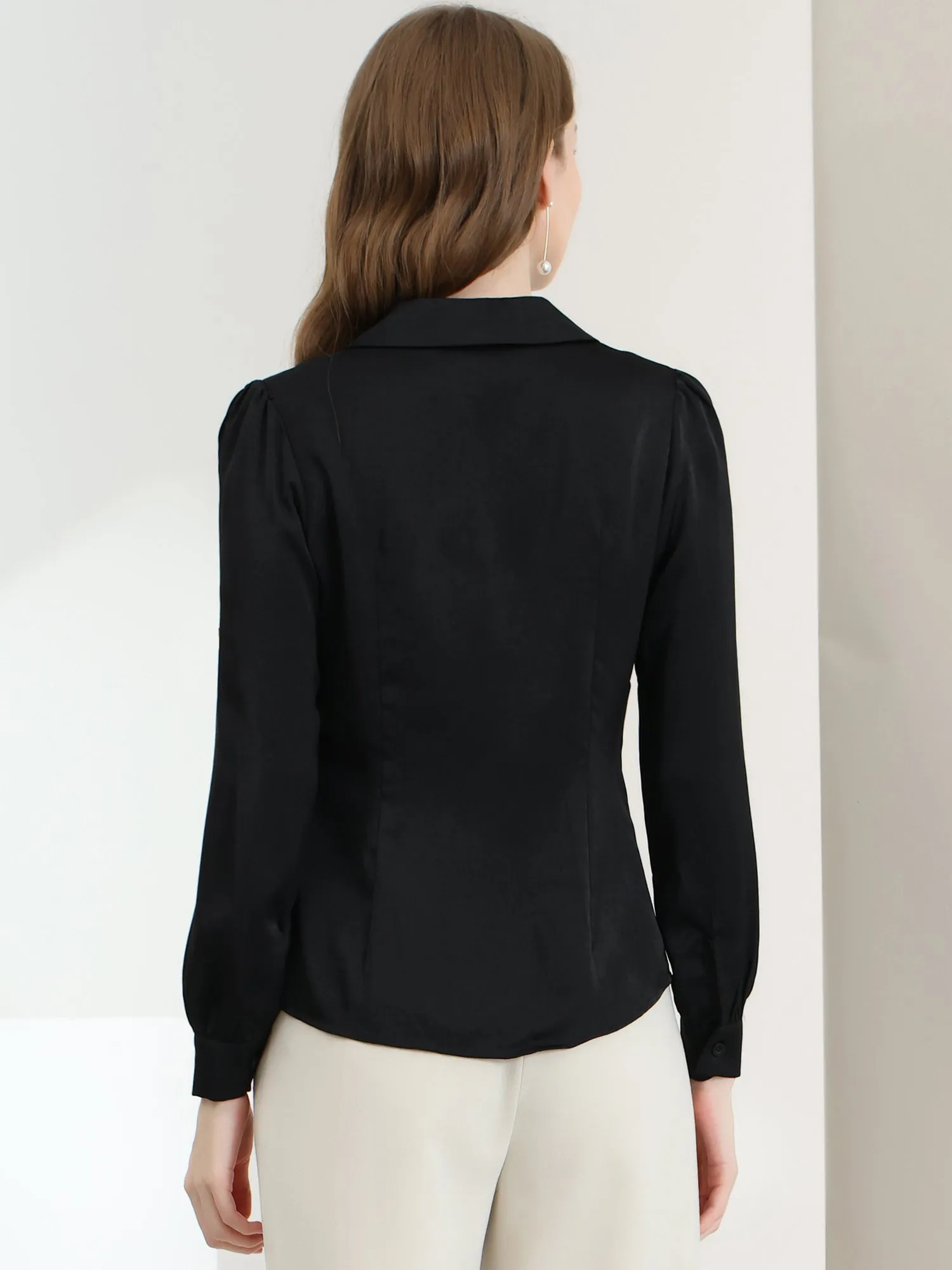 Elegant Collar Blouse Long Sleeve Work Office Satin Button Down Shirt