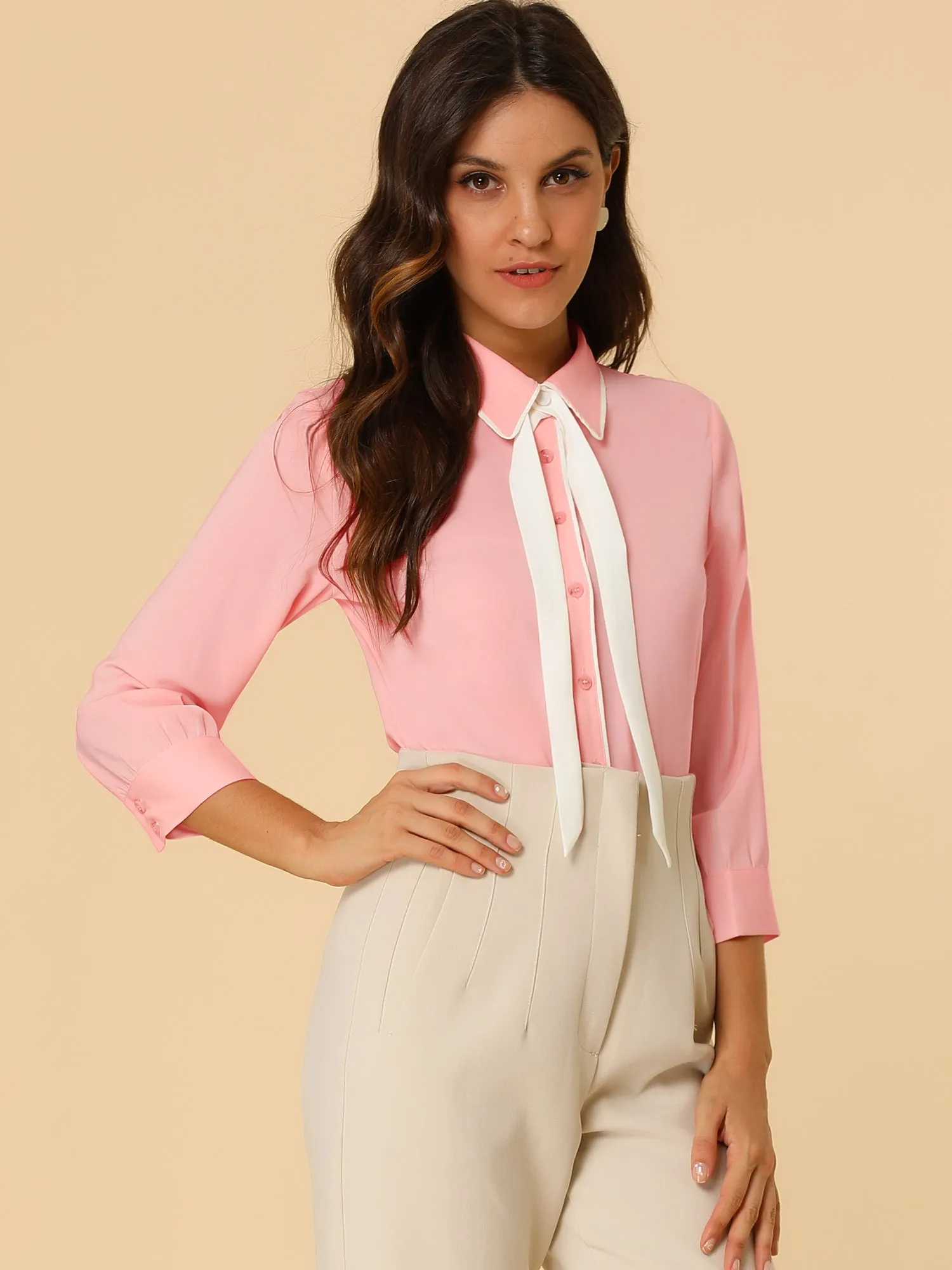 Elegant Contrast Collar 3/4 Sleeve Button Up Tie Neck Shirt