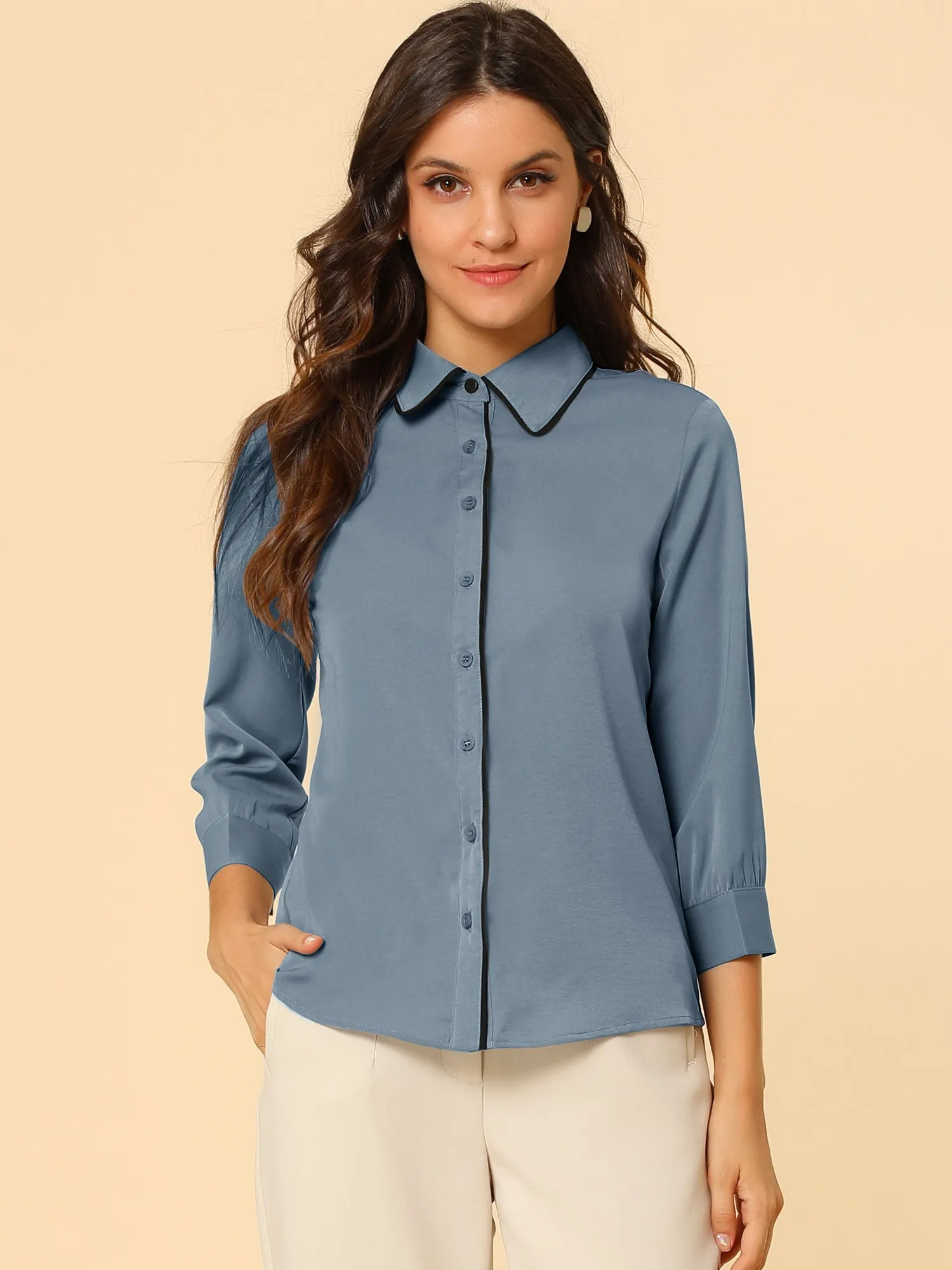 Elegant Contrast Collar 3/4 Sleeve Button Up Tie Neck Shirt