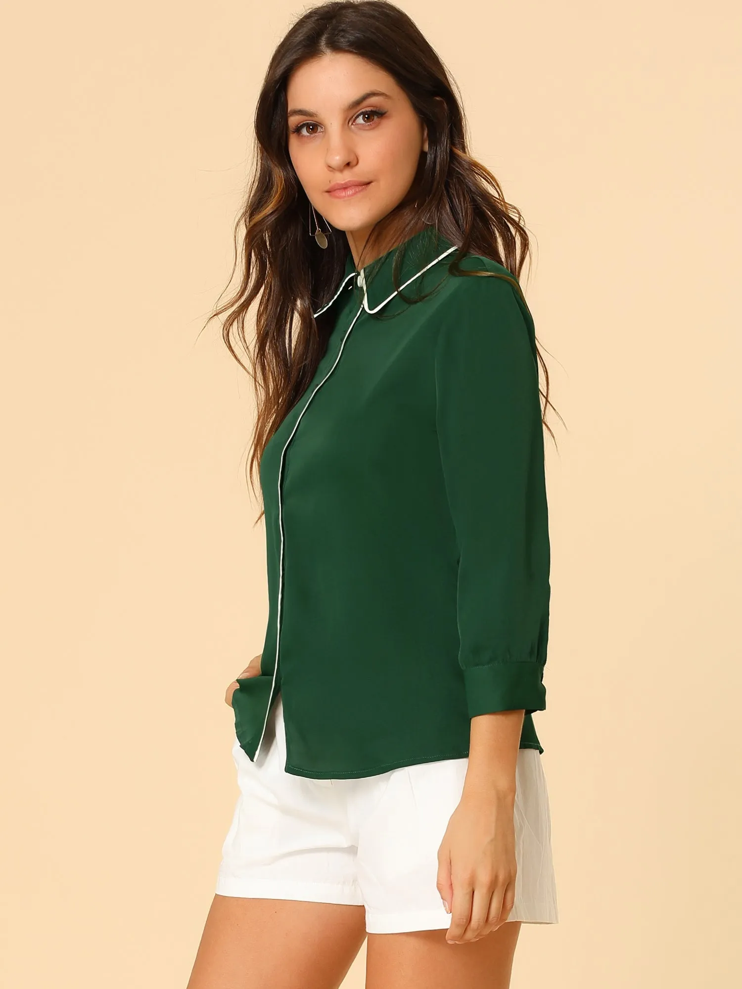 Elegant Contrast Collar 3/4 Sleeve Button Up Tie Neck Shirt