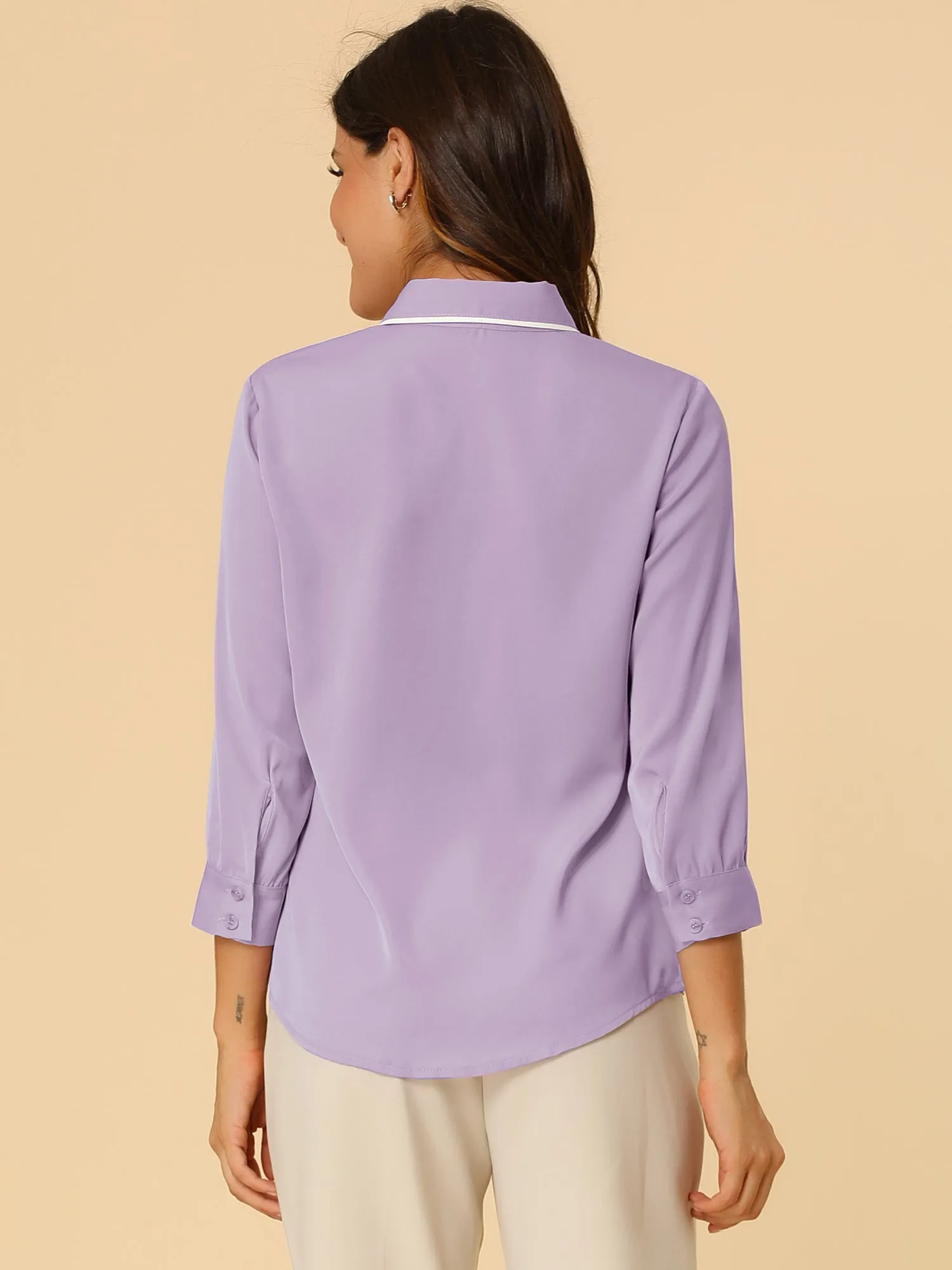 Elegant Contrast Collar 3/4 Sleeve Button Up Tie Neck Shirt