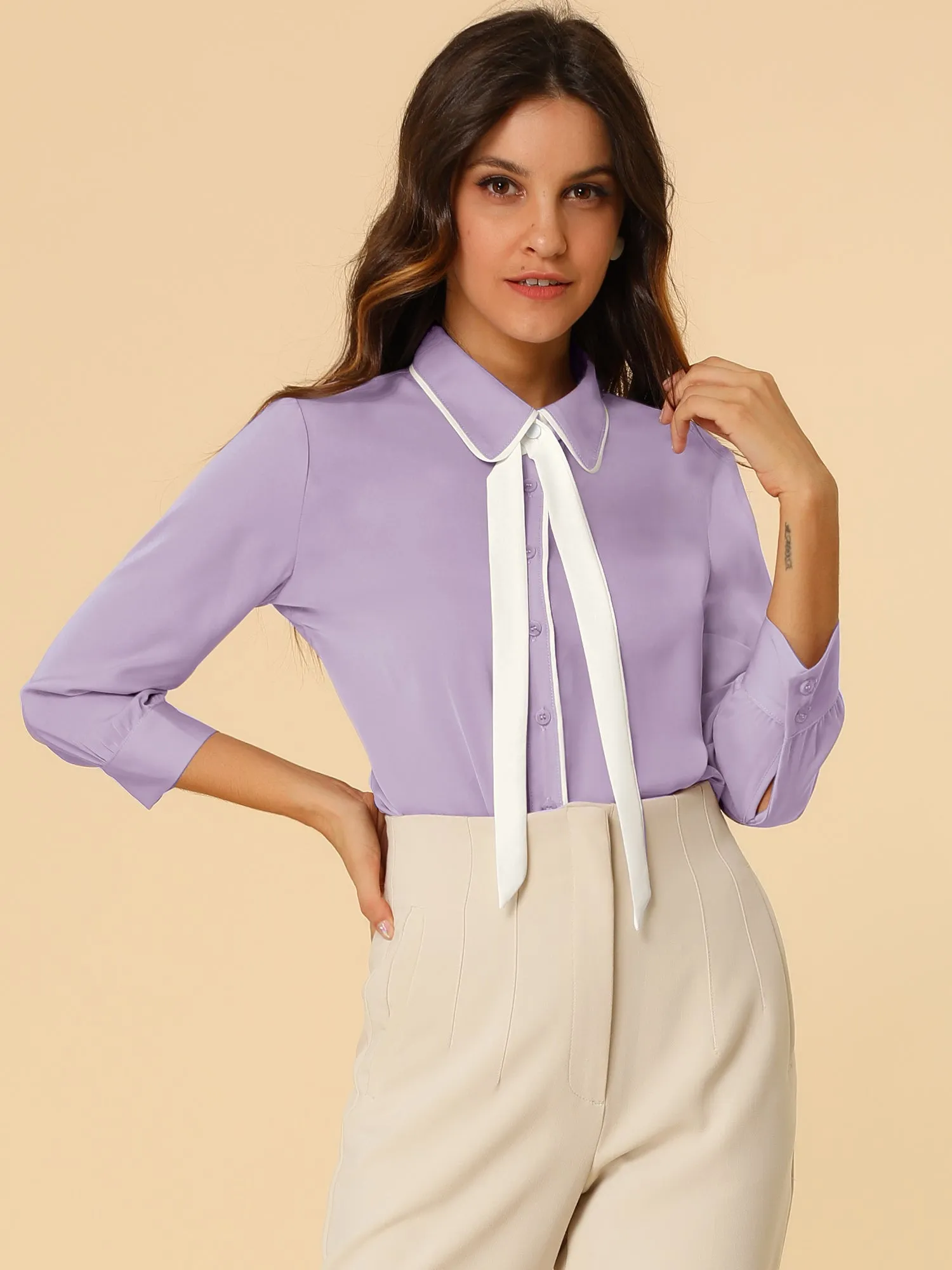 Elegant Contrast Collar 3/4 Sleeve Button Up Tie Neck Shirt