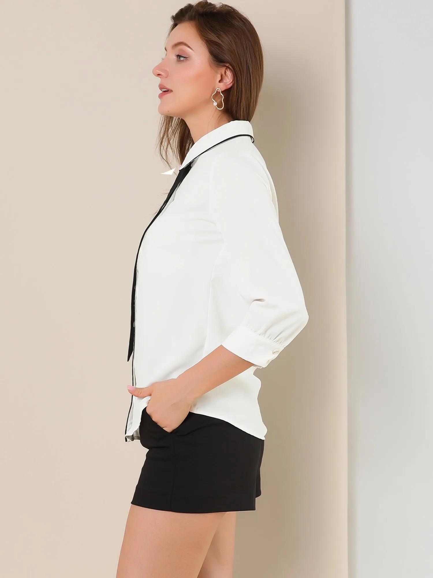 Elegant Contrast Collar 3/4 Sleeve Button Up Tie Neck Shirt