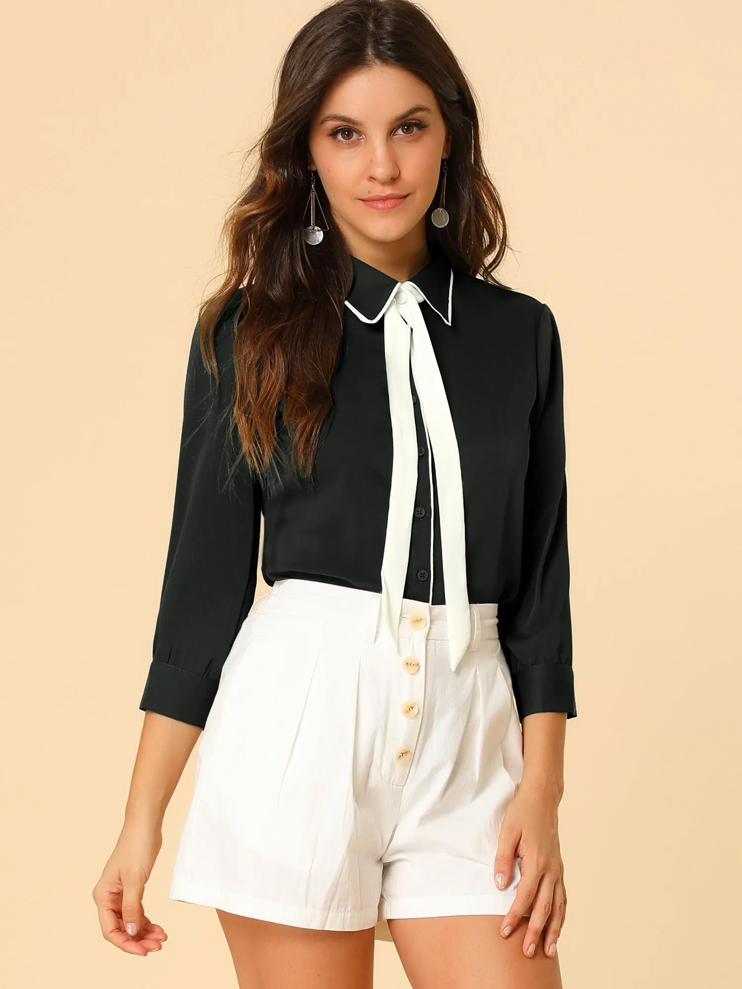 Elegant Contrast Collar 3/4 Sleeve Button Up Tie Neck Shirt