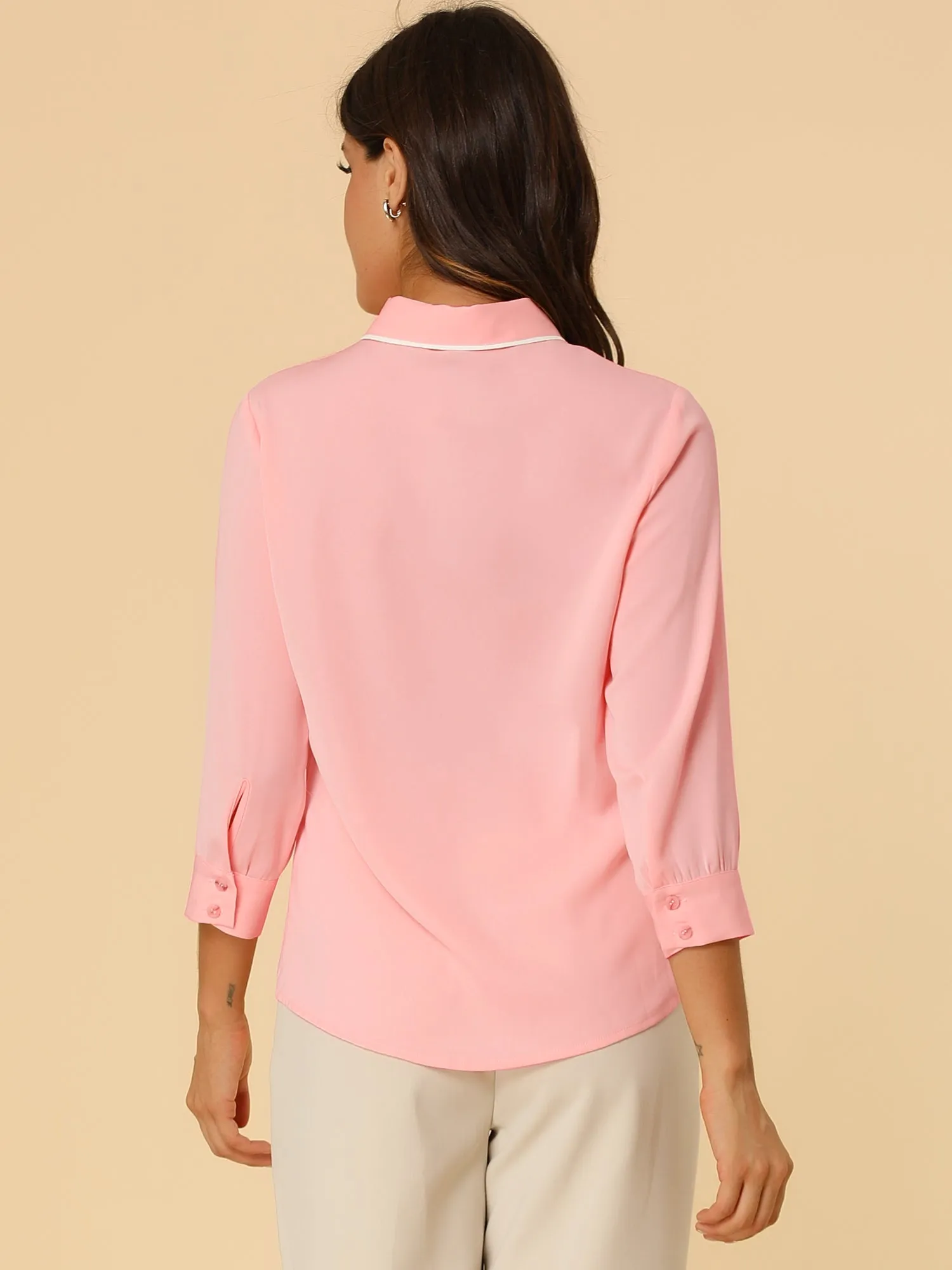 Elegant Contrast Collar 3/4 Sleeve Button Up Tie Neck Shirt