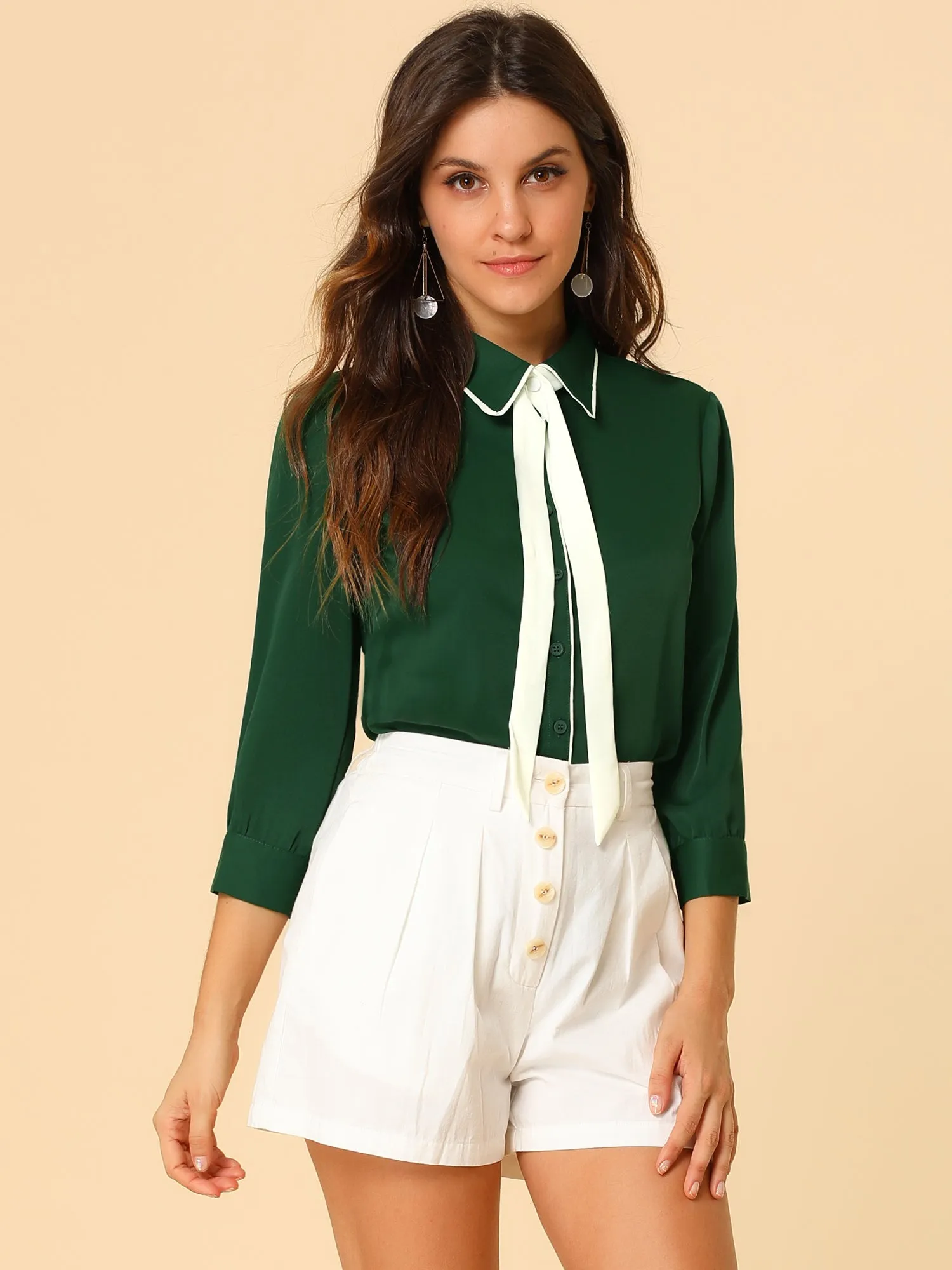 Elegant Contrast Collar 3/4 Sleeve Button Up Tie Neck Shirt