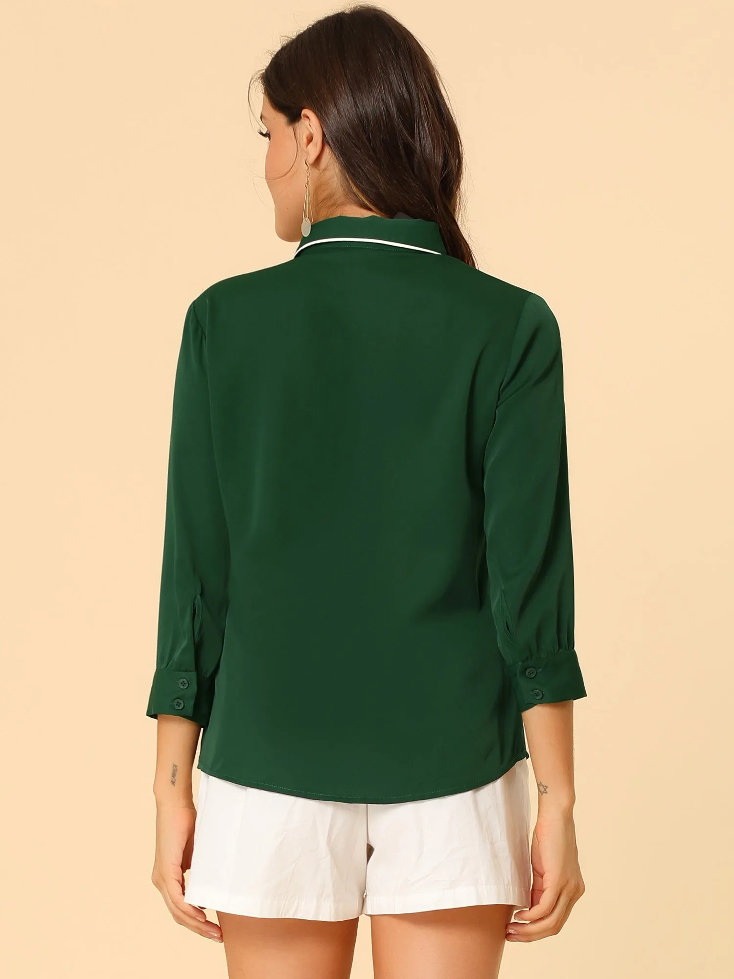 Elegant Contrast Collar 3/4 Sleeve Button Up Tie Neck Shirt