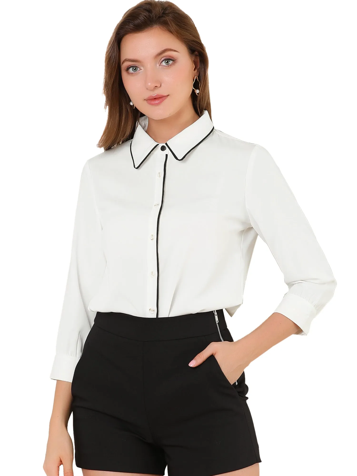 Elegant Contrast Collar 3/4 Sleeve Button Up Tie Neck Shirt