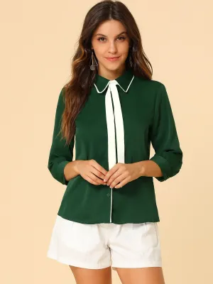 Elegant Contrast Collar 3/4 Sleeve Button Up Tie Neck Shirt