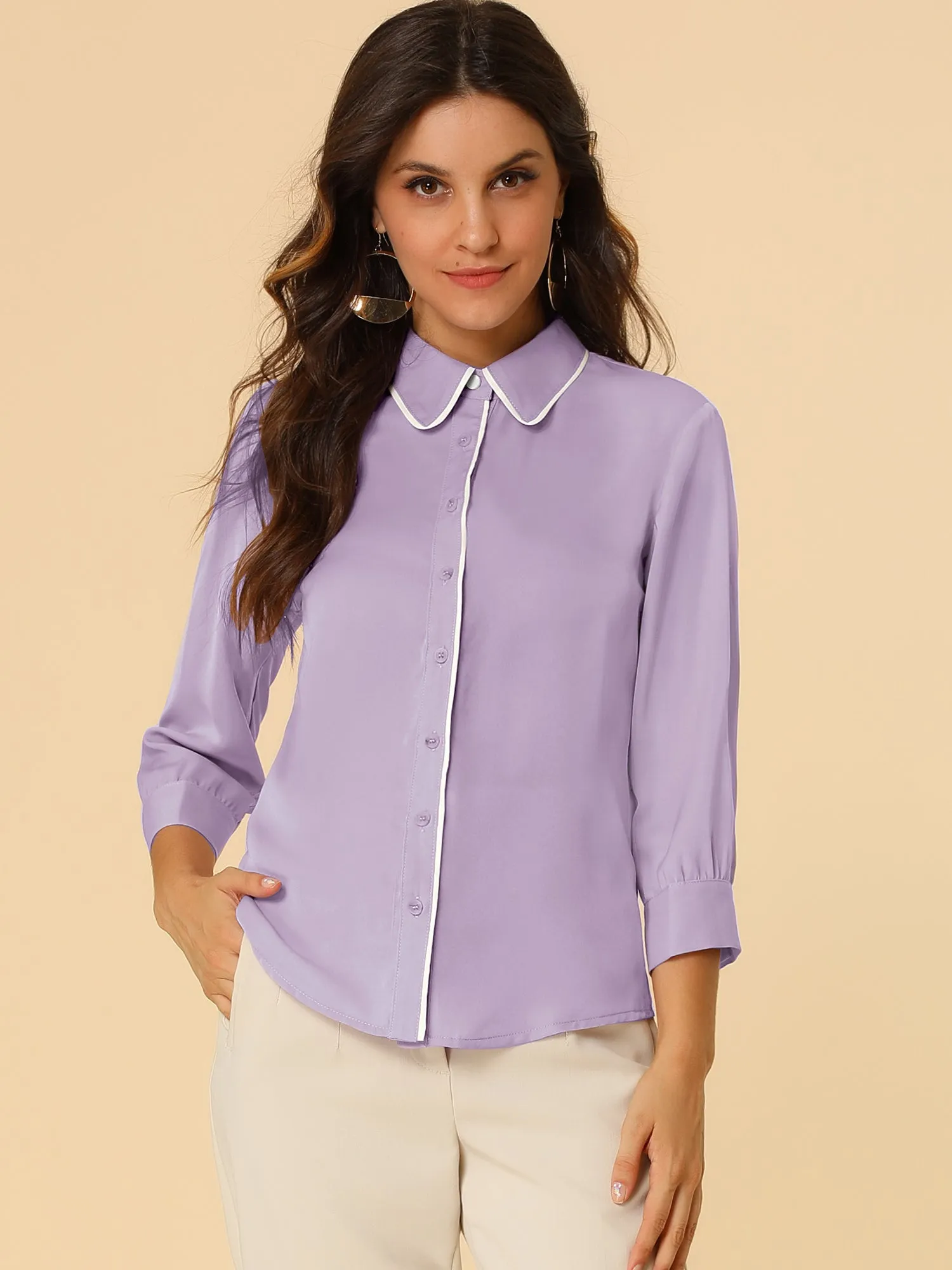 Elegant Contrast Collar 3/4 Sleeve Button Up Tie Neck Shirt
