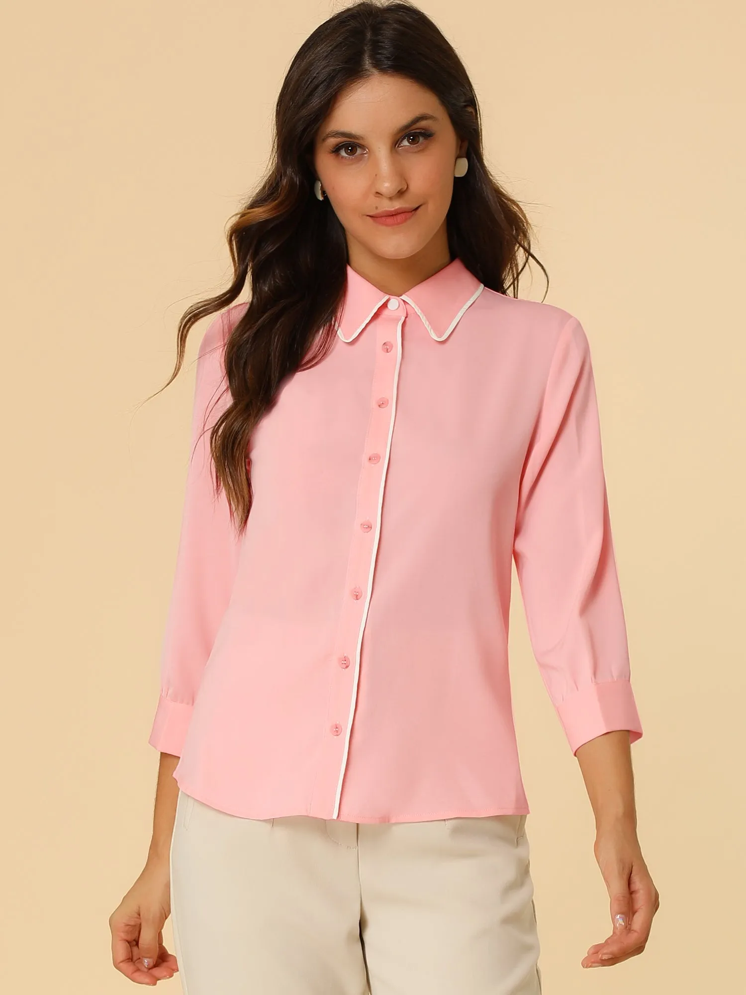 Elegant Contrast Collar 3/4 Sleeve Button Up Tie Neck Shirt
