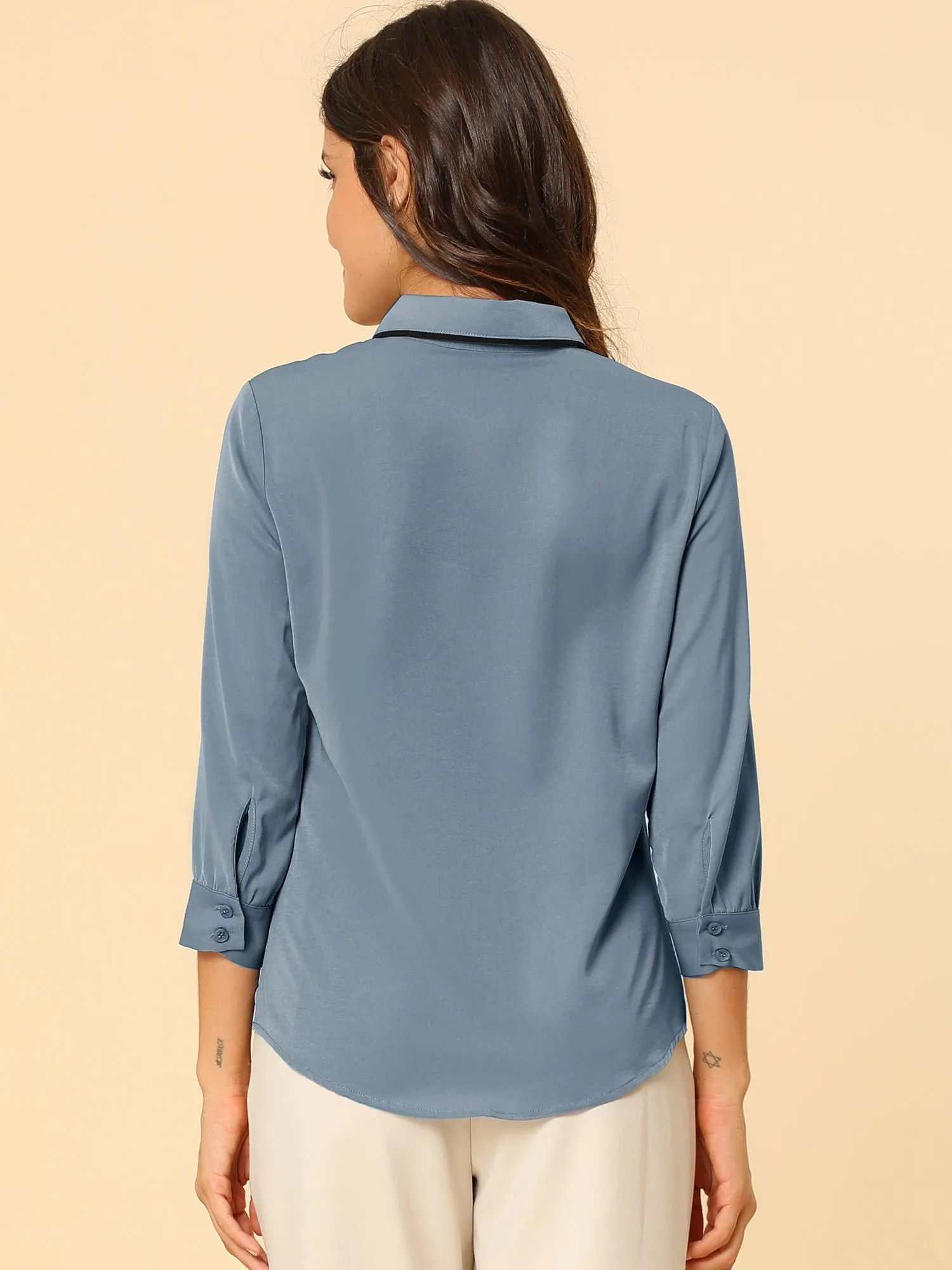 Elegant Contrast Collar 3/4 Sleeve Button Up Tie Neck Shirt