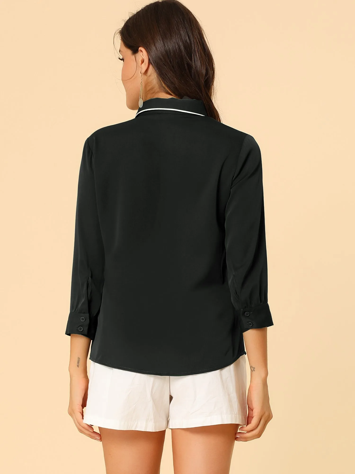 Elegant Contrast Collar 3/4 Sleeve Button Up Tie Neck Shirt