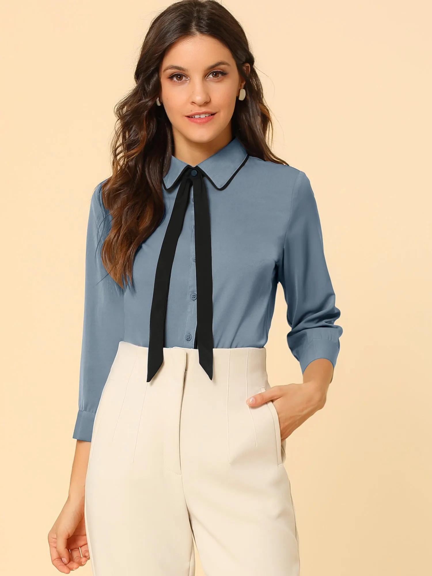 Elegant Contrast Collar 3/4 Sleeve Button Up Tie Neck Shirt