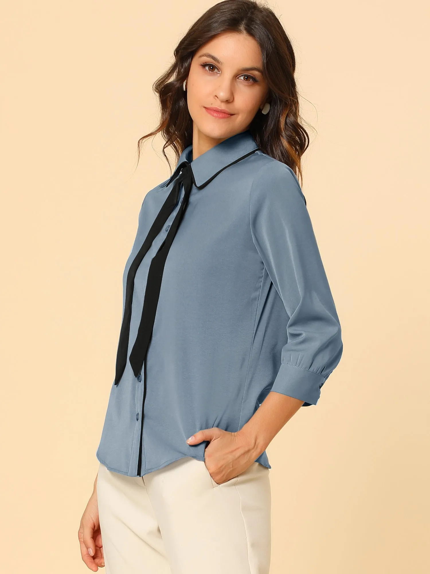 Elegant Contrast Collar 3/4 Sleeve Button Up Tie Neck Shirt