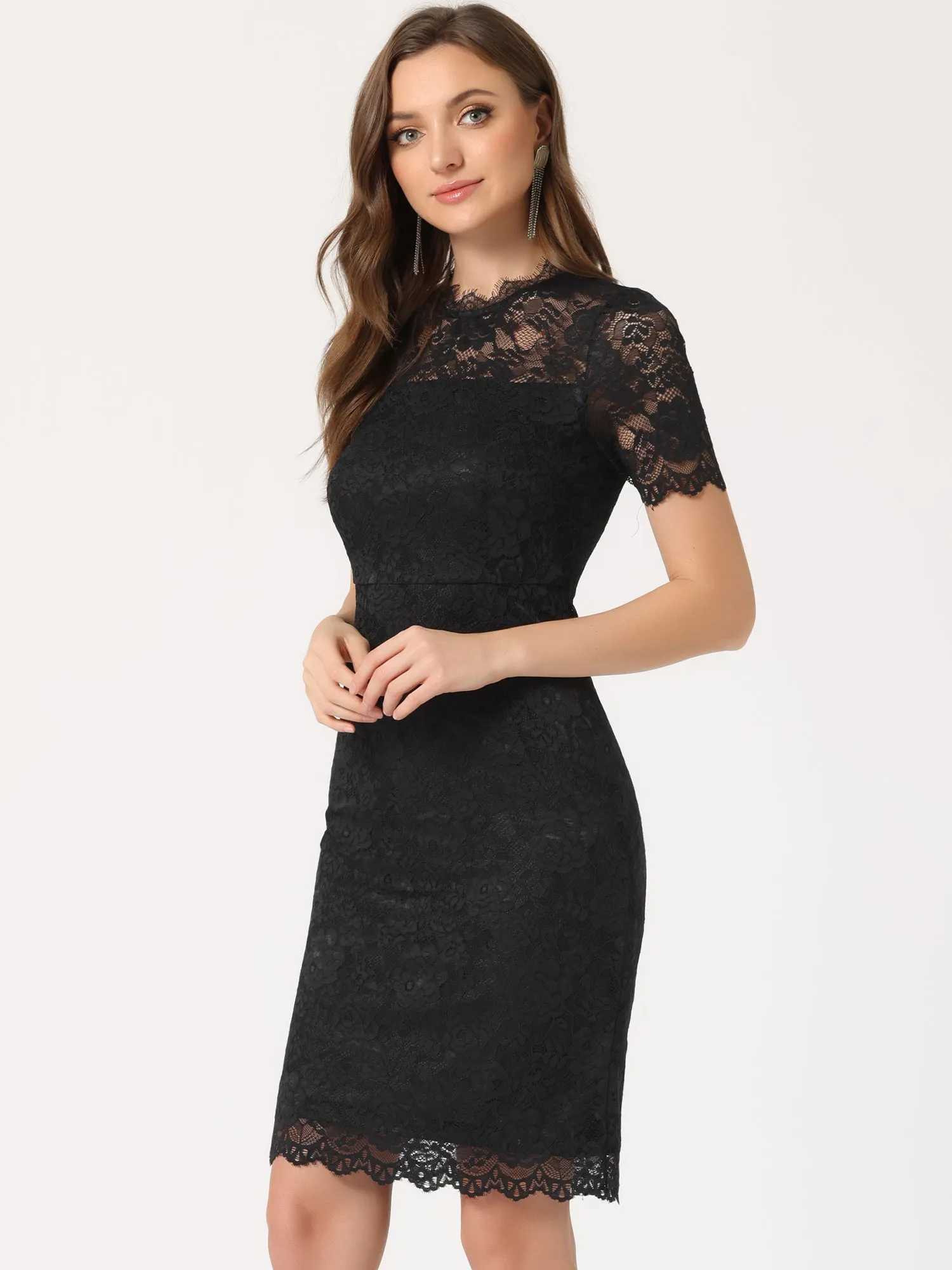 Elegant Floral Lace Crew Neck Short Sleeve Cocktail Party Dress