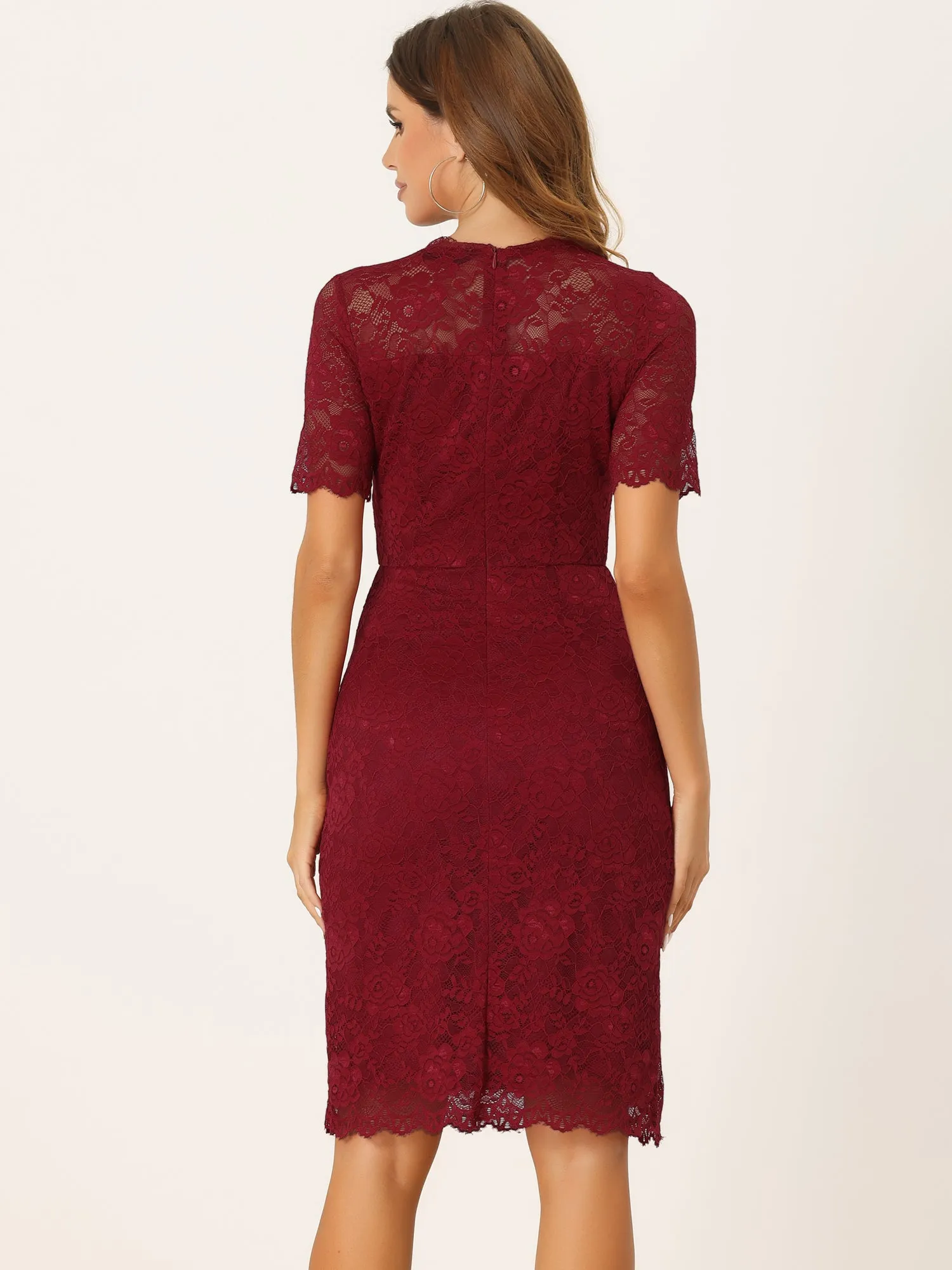 Elegant Floral Lace Crew Neck Short Sleeve Cocktail Party Dress
