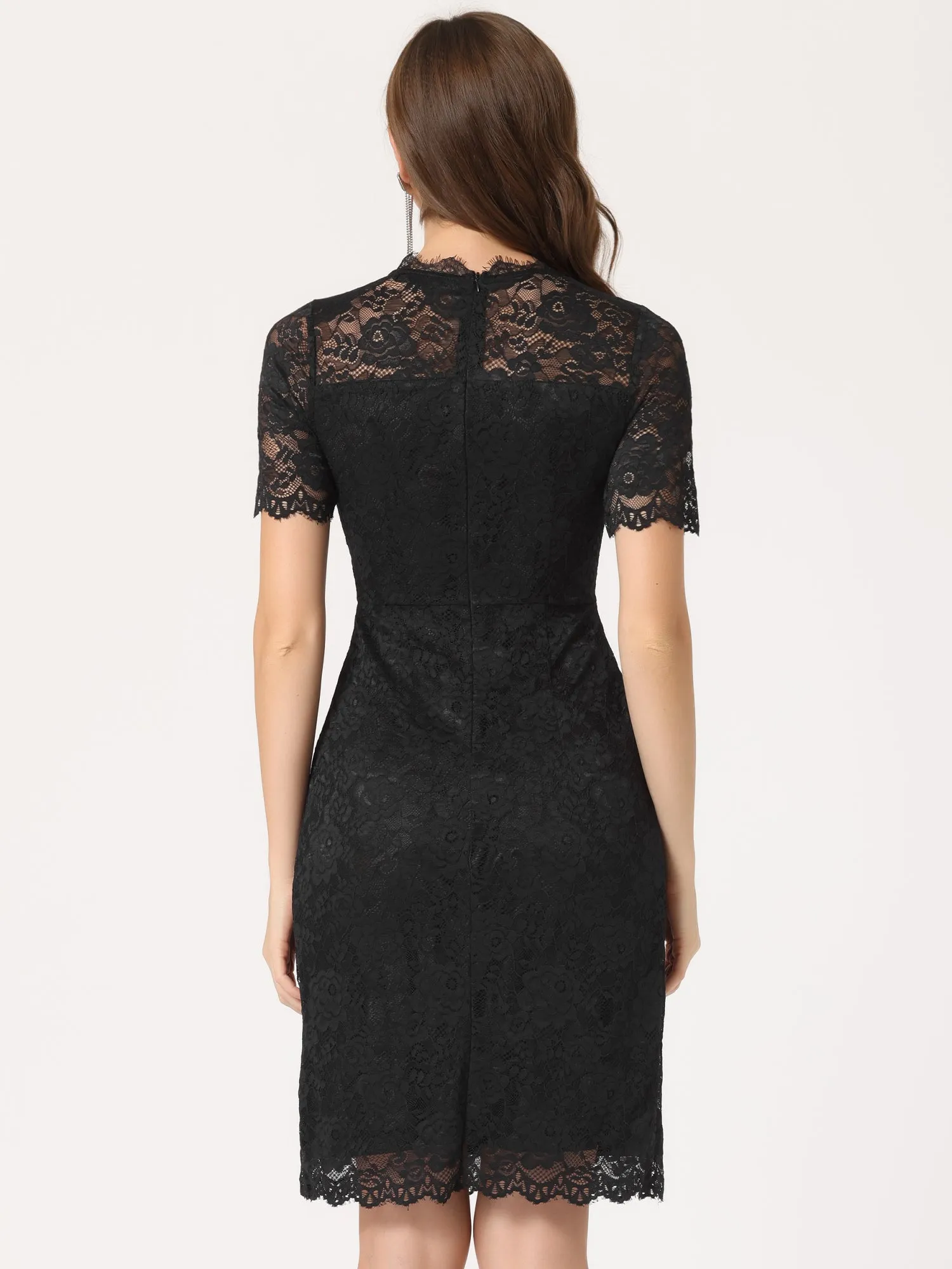Elegant Floral Lace Crew Neck Short Sleeve Cocktail Party Dress