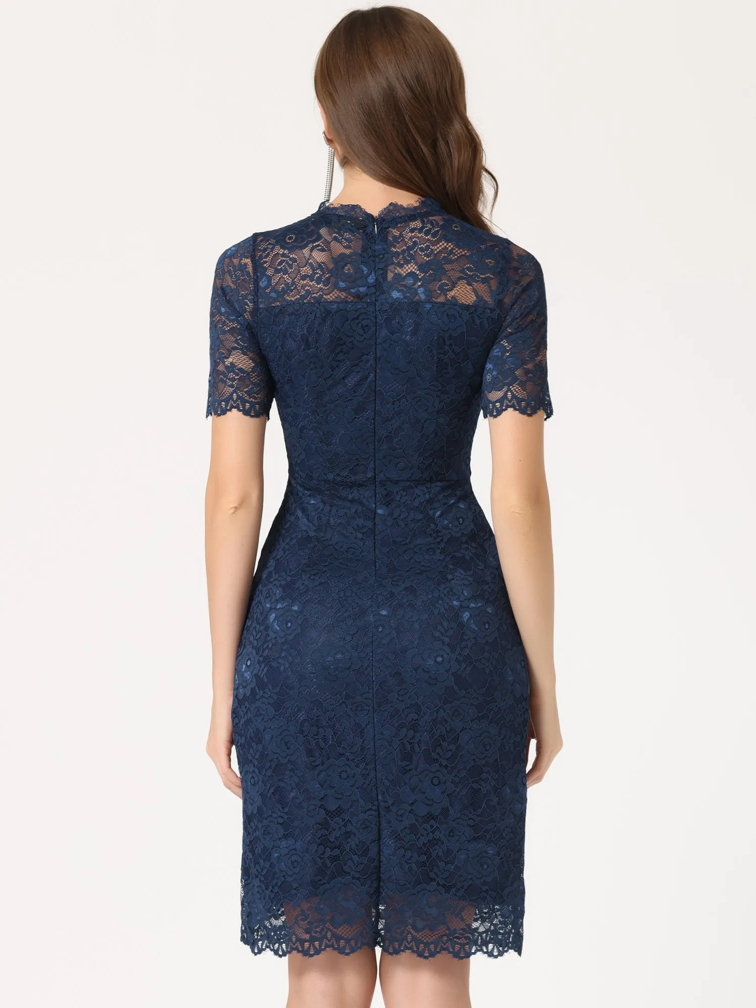 Elegant Floral Lace Crew Neck Short Sleeve Cocktail Party Dress