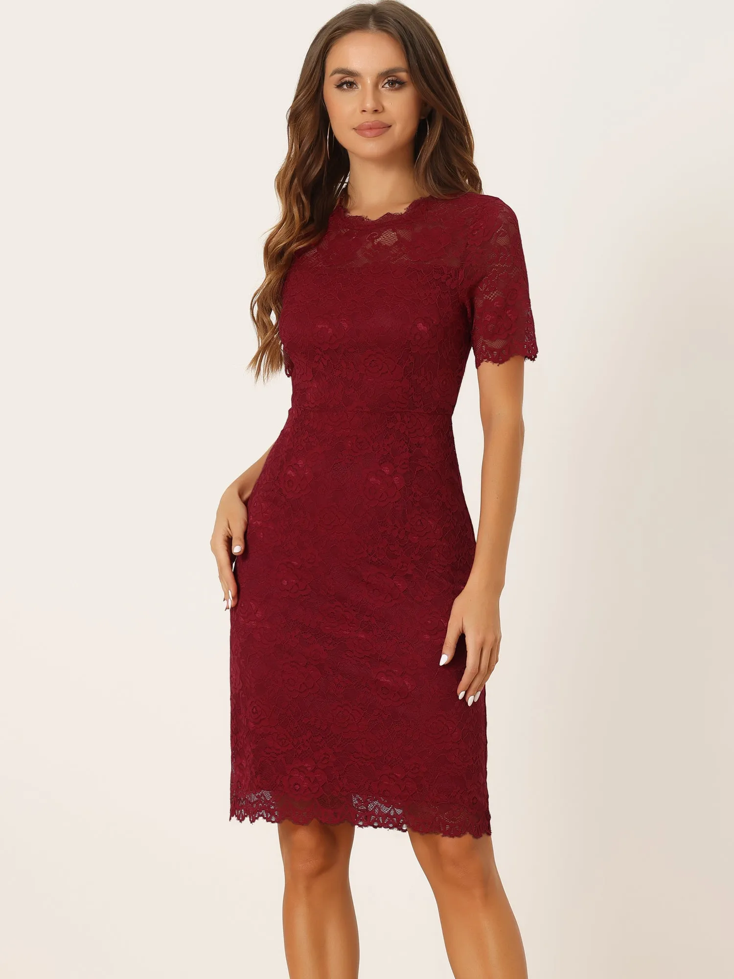 Elegant Floral Lace Crew Neck Short Sleeve Cocktail Party Dress
