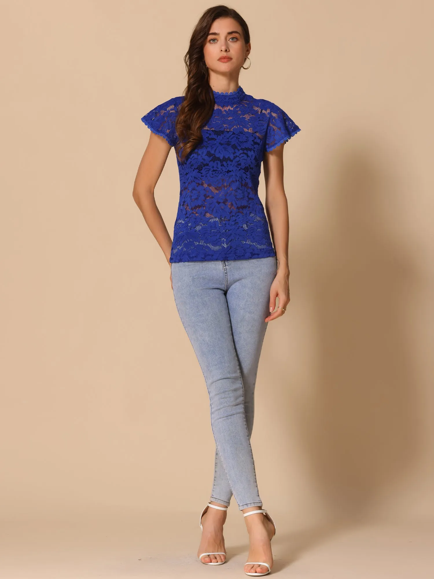 Elegant Floral Lace Short Sleeve Keyhole Back Fitted Blouse