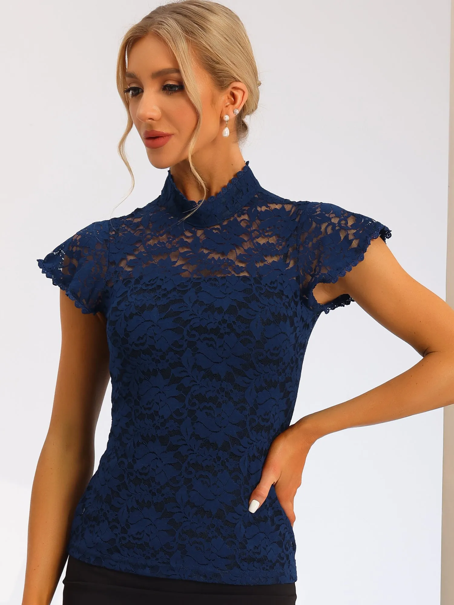 Elegant Floral Lace Short Sleeve Keyhole Back Fitted Blouse