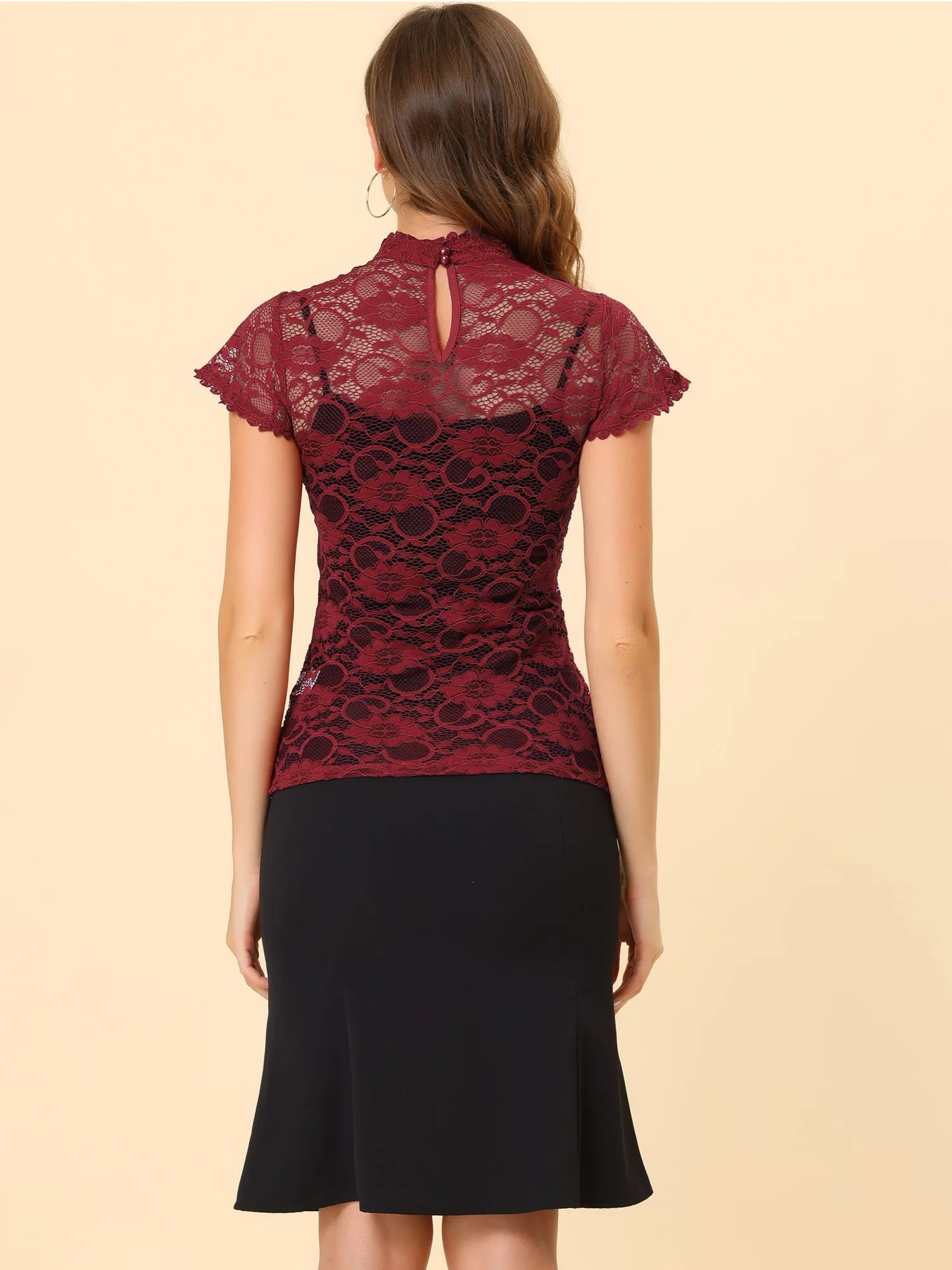 Elegant Floral Lace Short Sleeve Keyhole Back Fitted Blouse