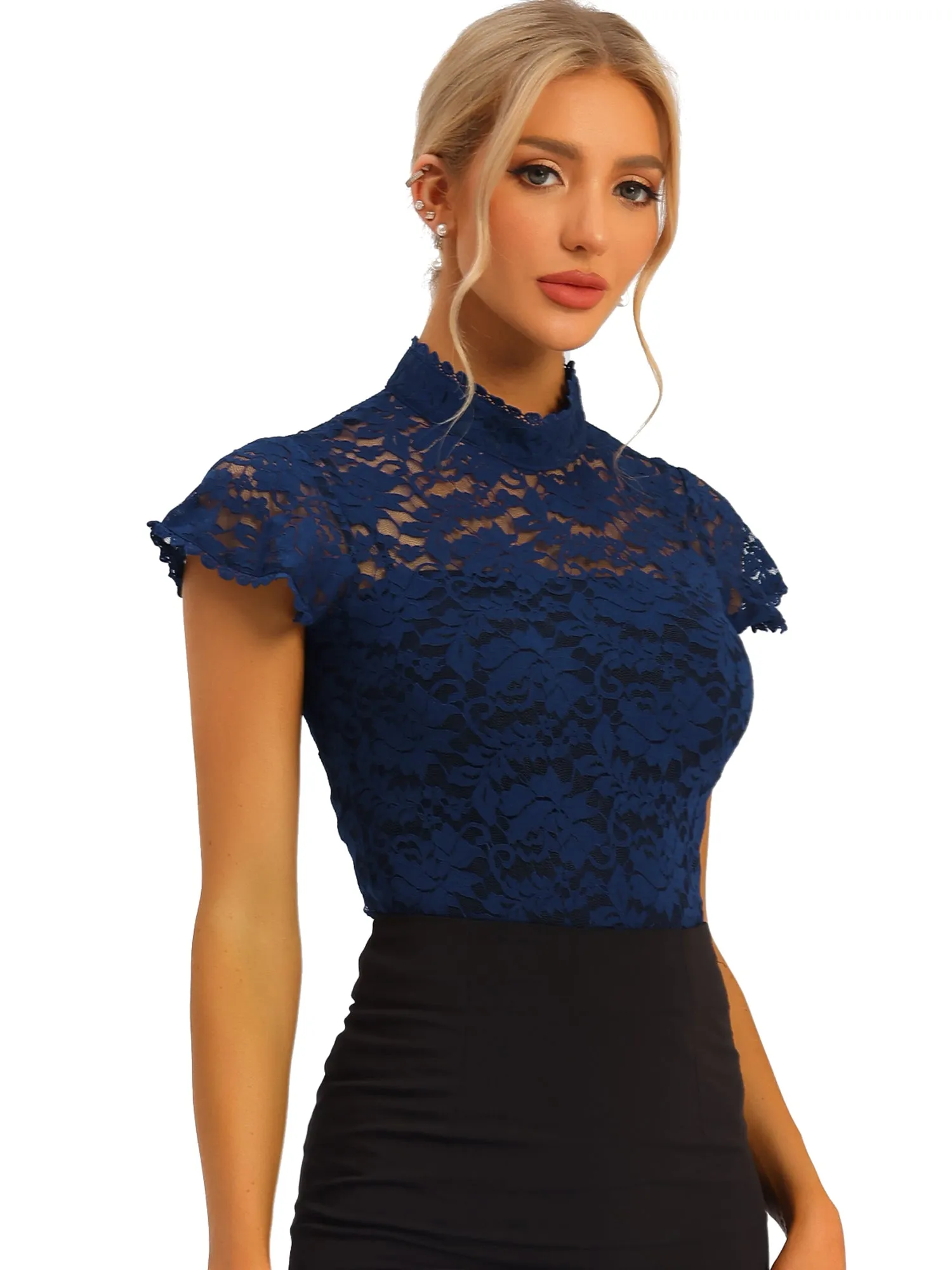 Elegant Floral Lace Short Sleeve Keyhole Back Fitted Blouse
