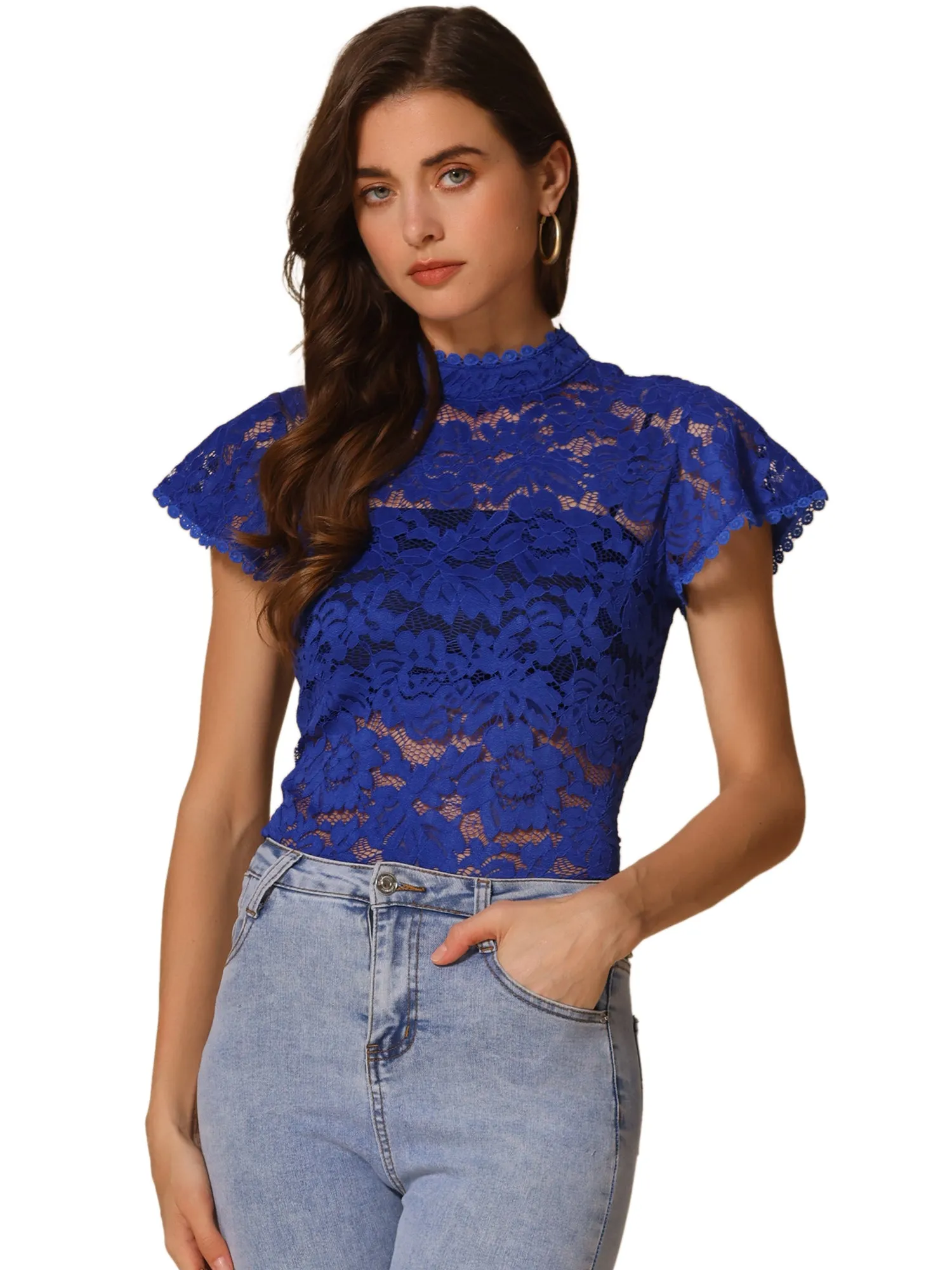 Elegant Floral Lace Short Sleeve Keyhole Back Fitted Blouse
