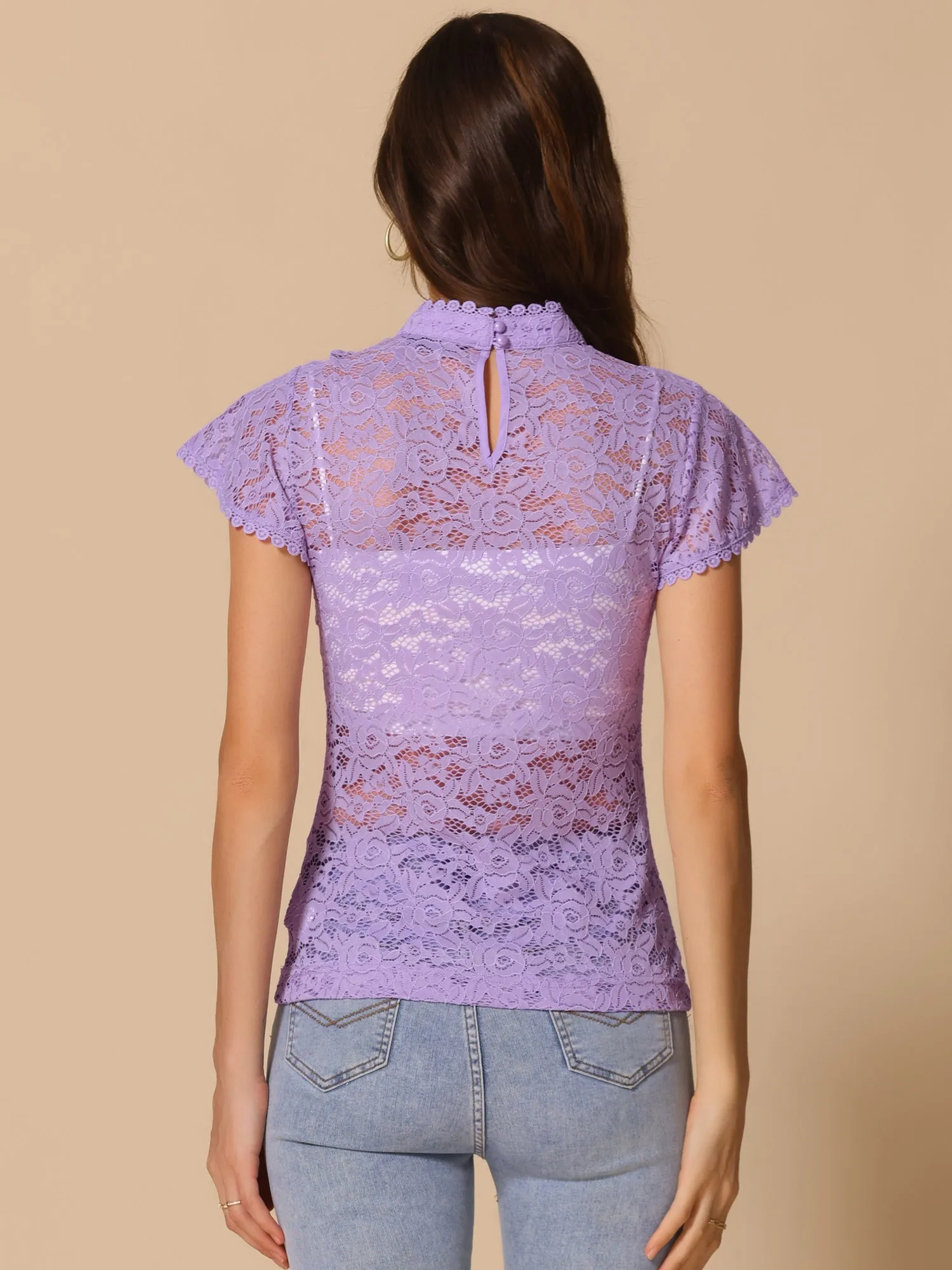 Elegant Floral Lace Short Sleeve Keyhole Back Fitted Blouse