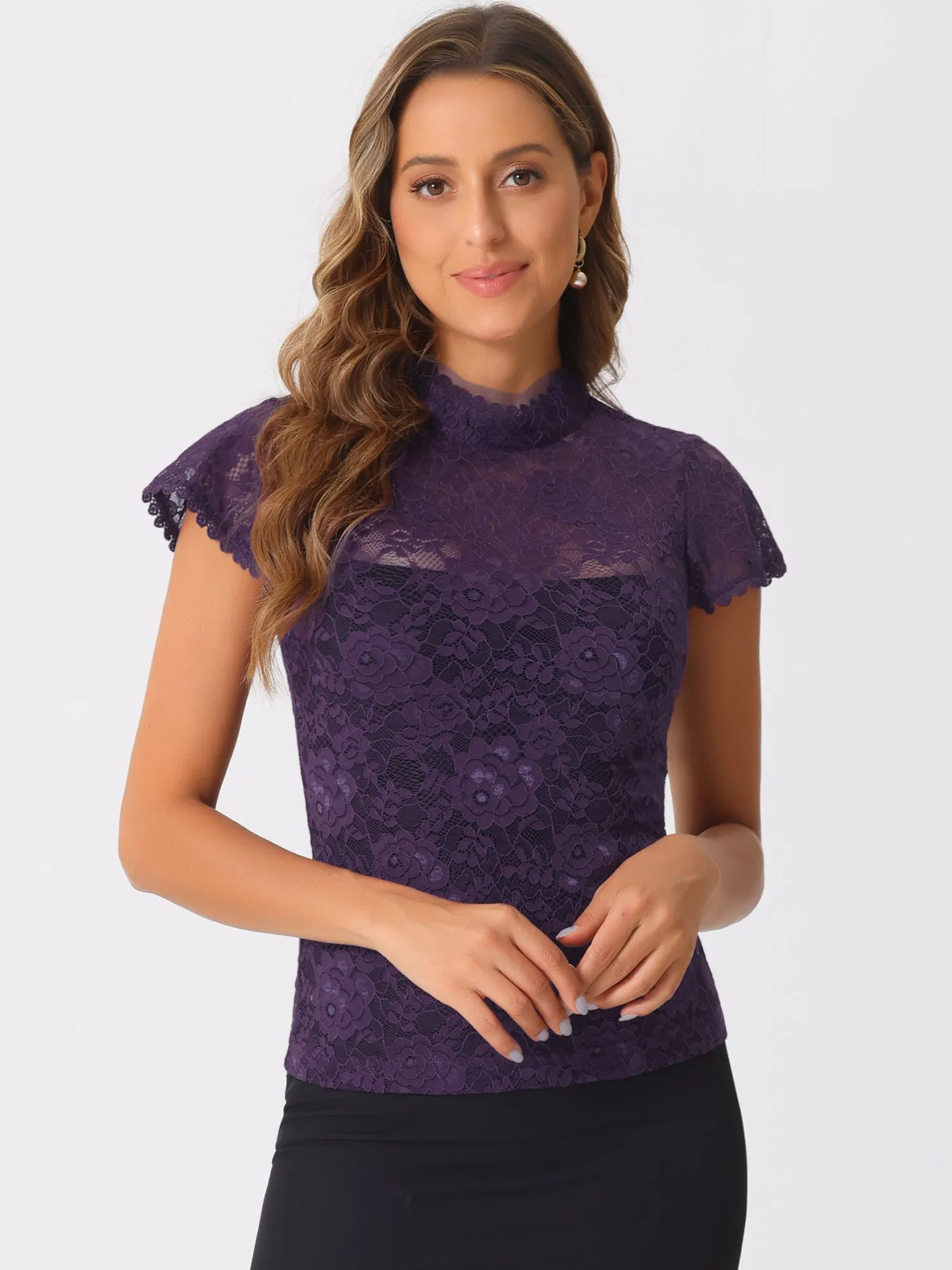 Elegant Floral Lace Short Sleeve Keyhole Back Fitted Blouse