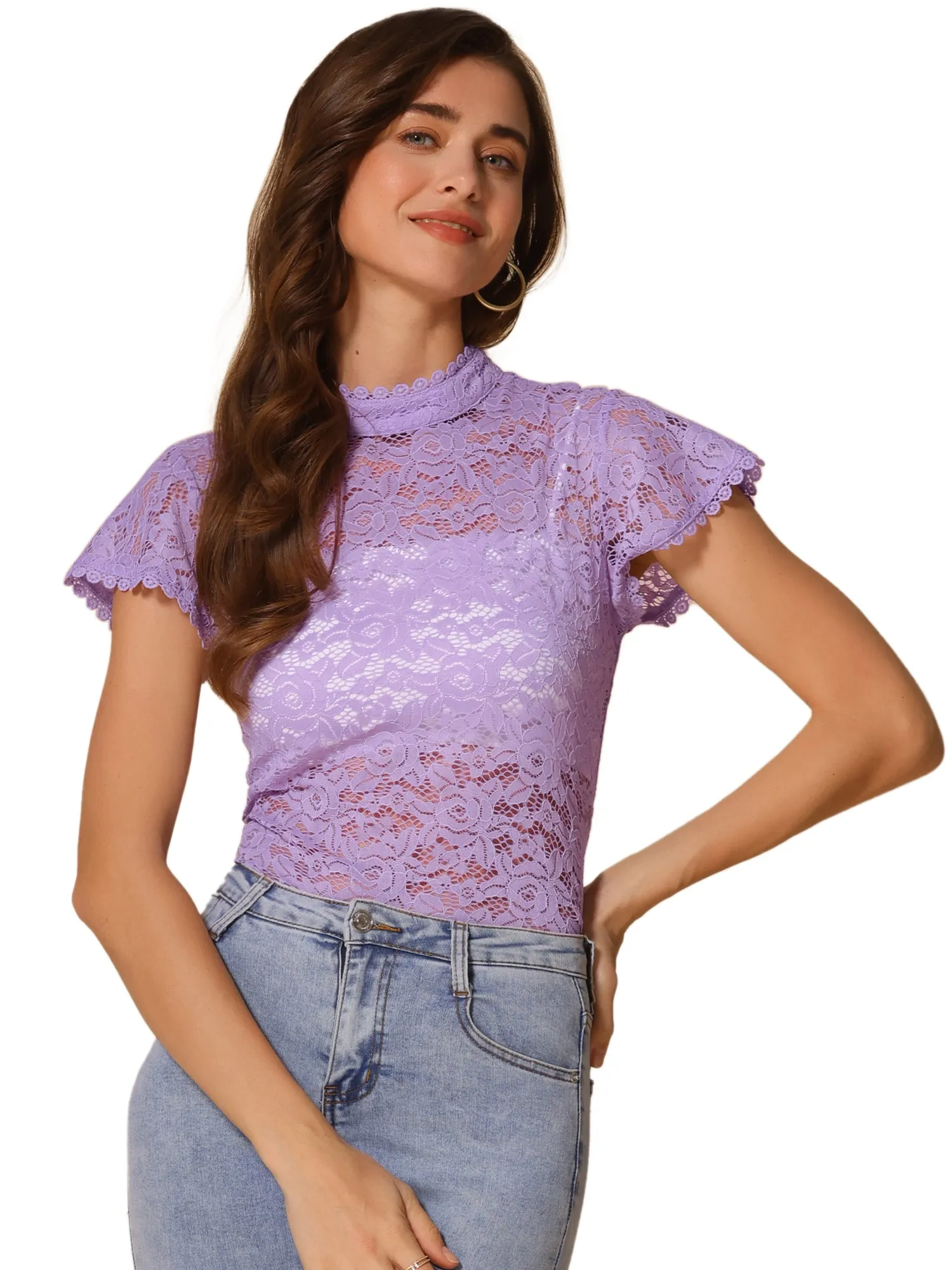 Elegant Floral Lace Short Sleeve Keyhole Back Fitted Blouse