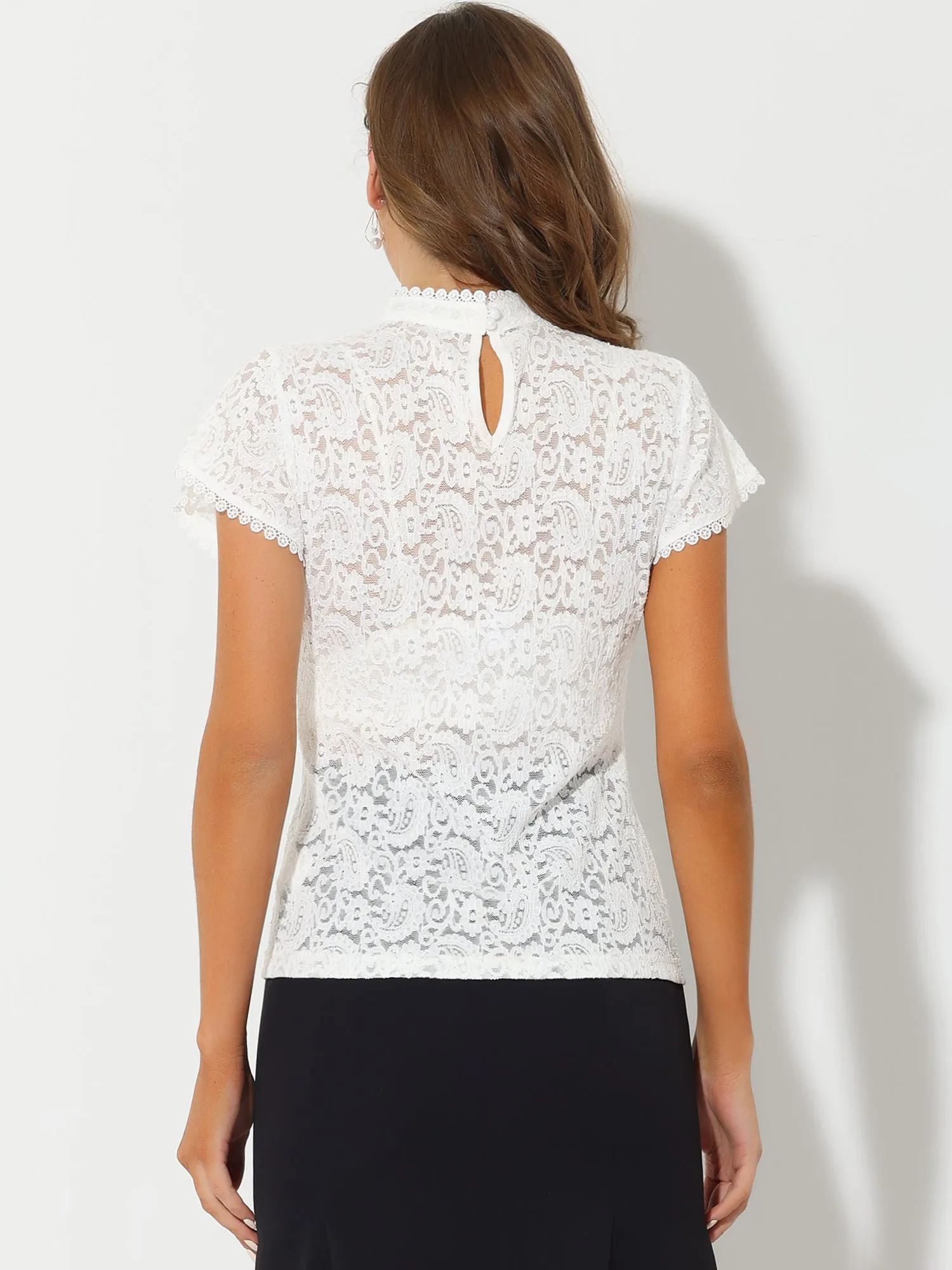 Elegant Floral Lace Short Sleeve Keyhole Back Fitted Blouse