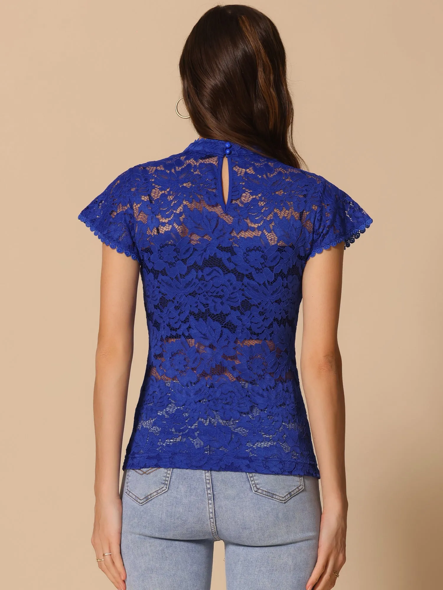 Elegant Floral Lace Short Sleeve Keyhole Back Fitted Blouse