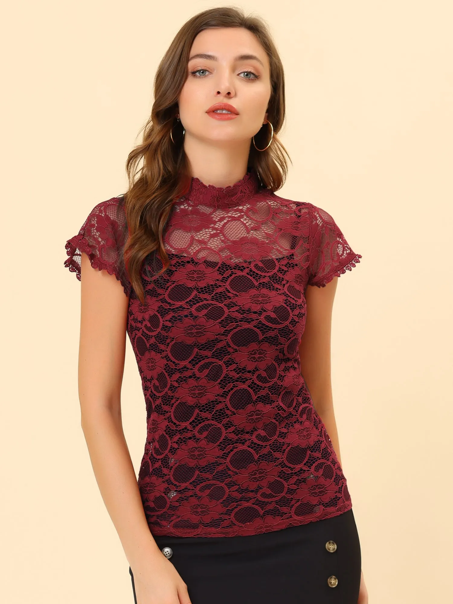 Elegant Floral Lace Short Sleeve Keyhole Back Fitted Blouse