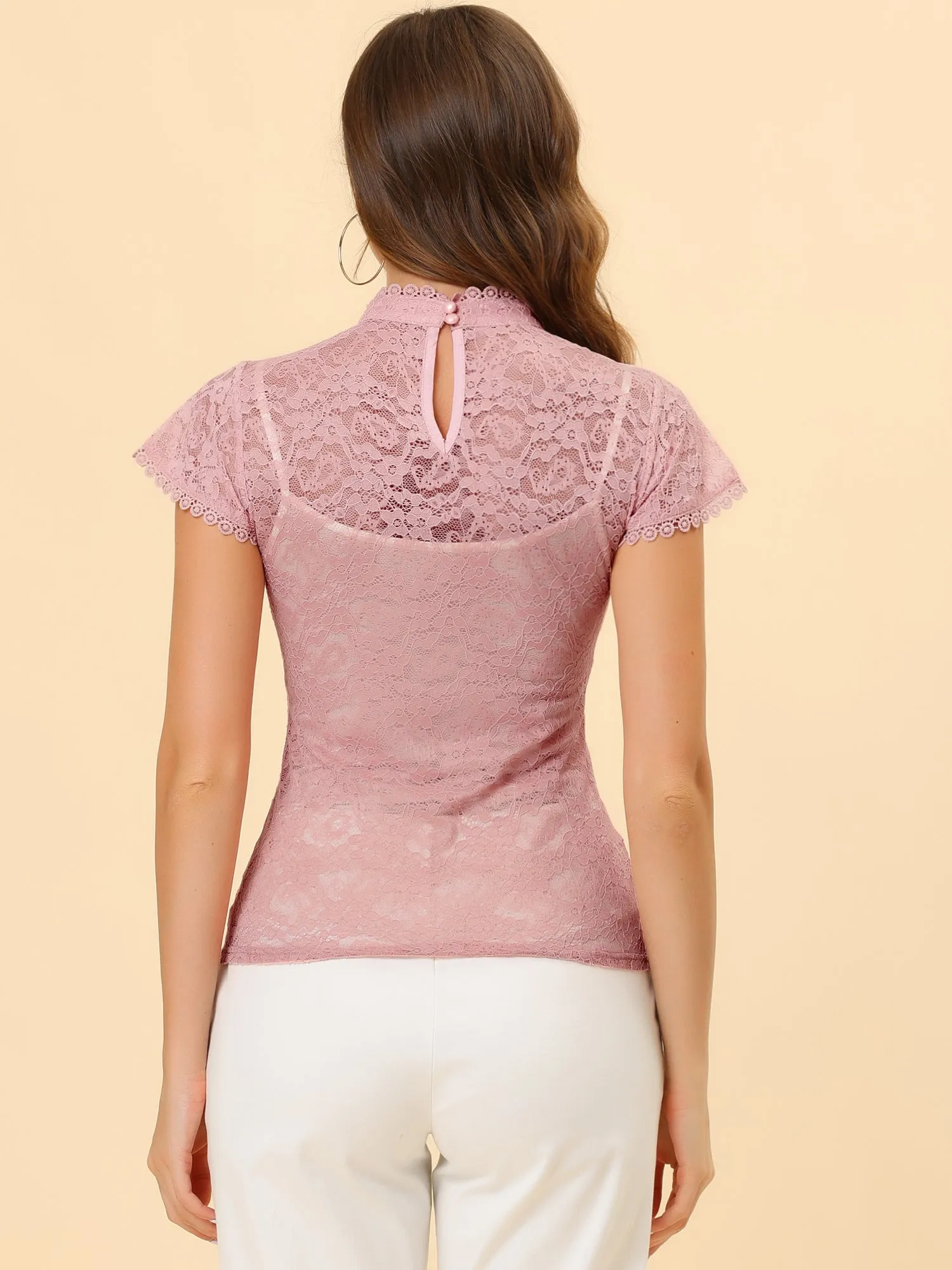 Elegant Floral Lace Short Sleeve Keyhole Back Fitted Blouse
