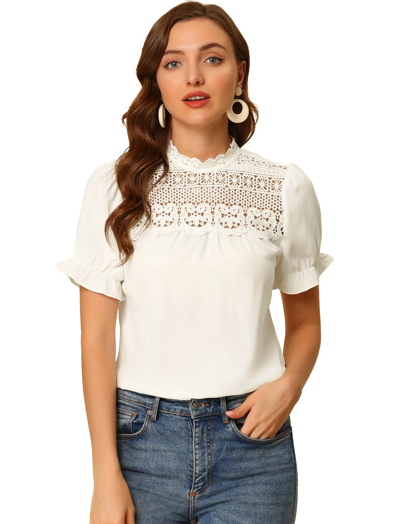 Elegant Lace Crochet Puff Sleeve Bohemian Ruffled Collar Blouse Top