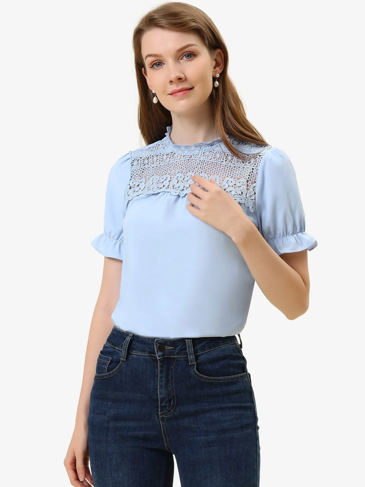 Elegant Lace Crochet Puff Sleeve Bohemian Ruffled Collar Blouse Top