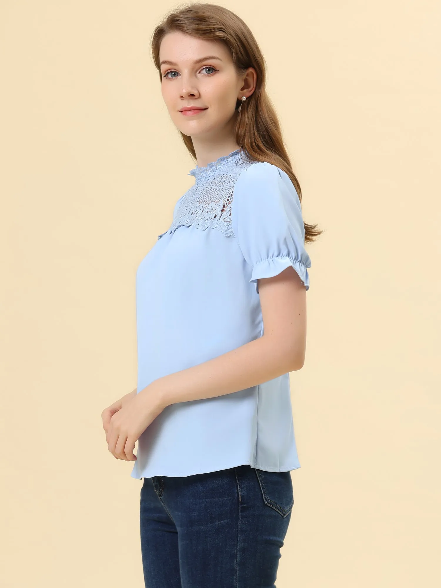 Elegant Lace Crochet Puff Sleeve Bohemian Ruffled Collar Blouse Top