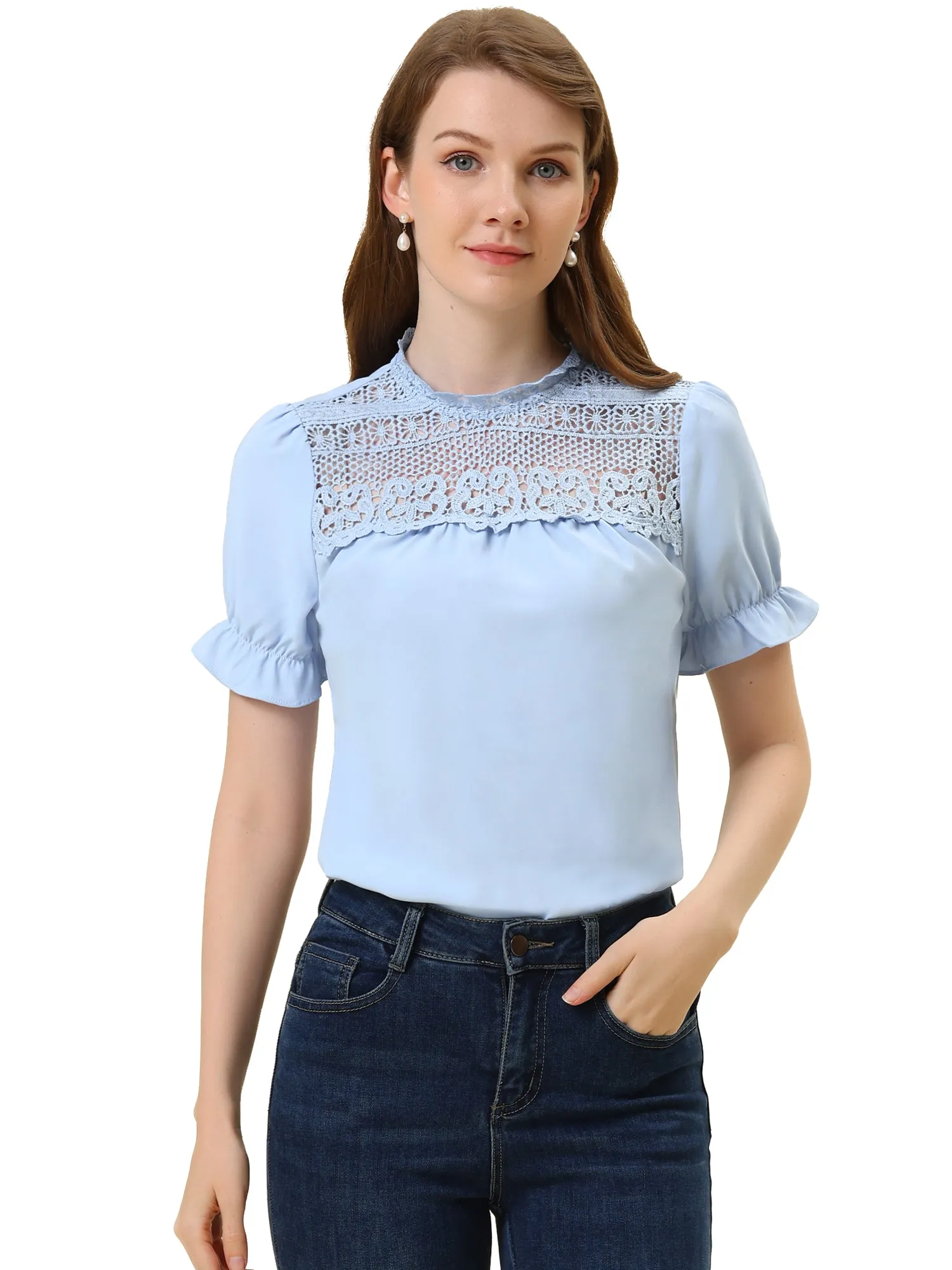 Elegant Lace Crochet Puff Sleeve Bohemian Ruffled Collar Blouse Top