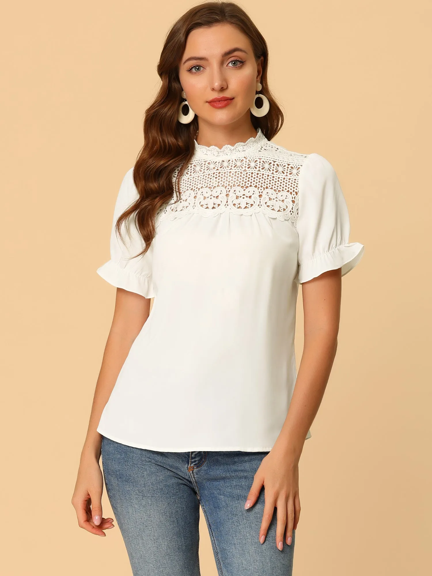 Elegant Lace Crochet Puff Sleeve Bohemian Ruffled Collar Blouse Top