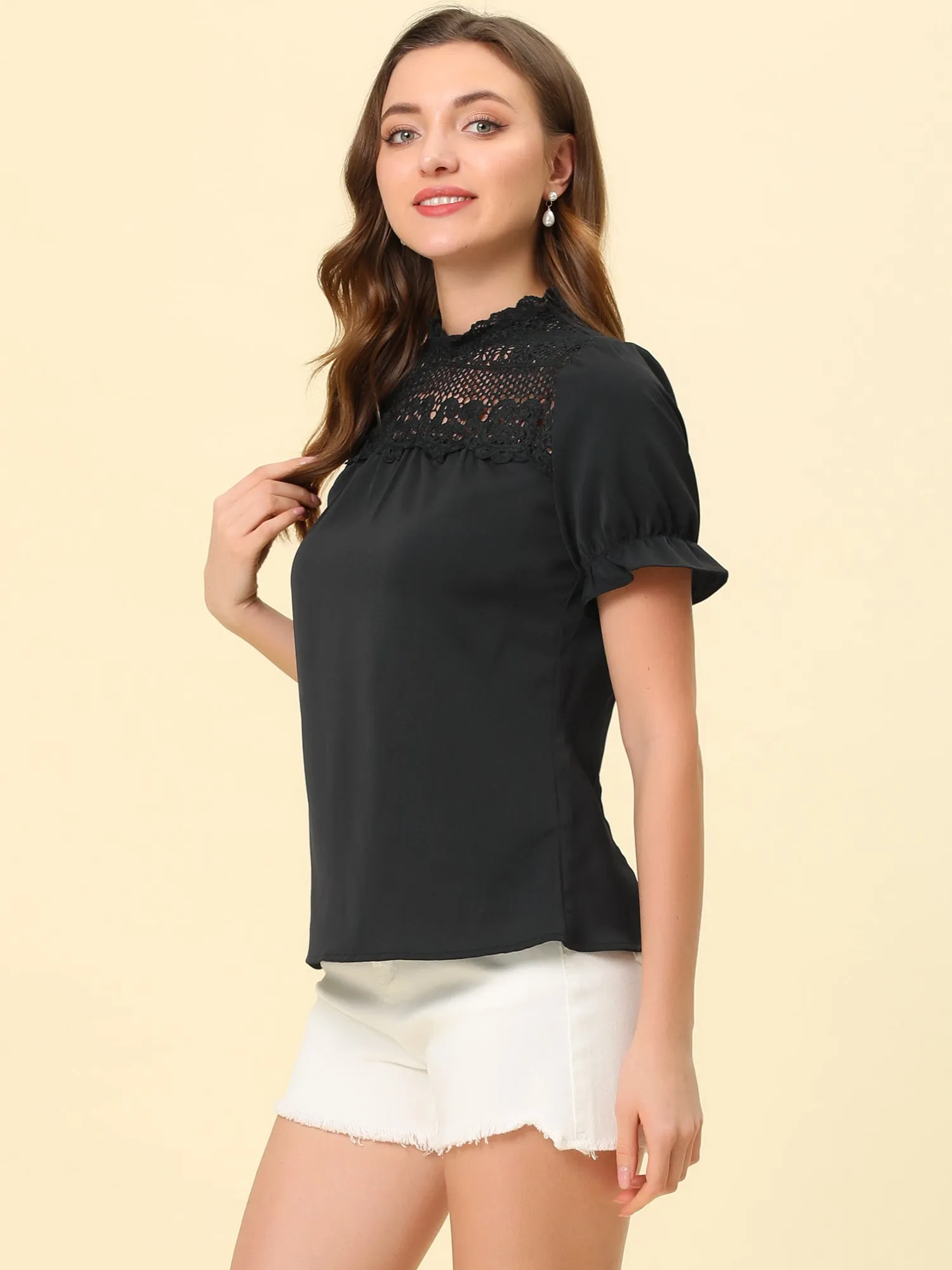 Elegant Lace Crochet Puff Sleeve Bohemian Ruffled Collar Blouse Top
