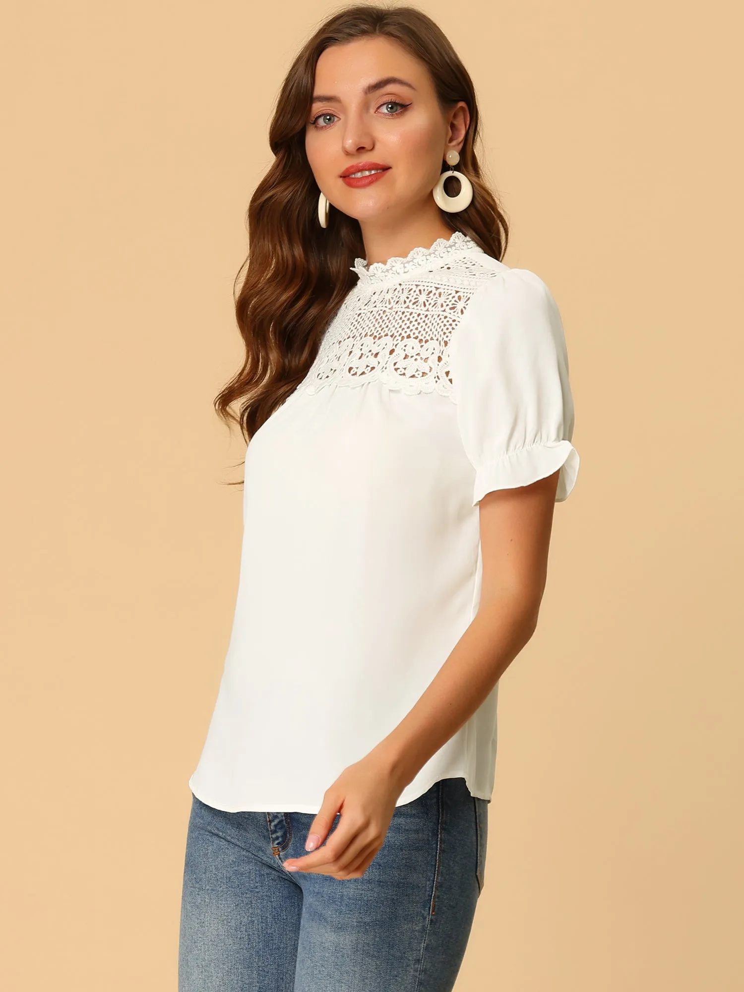 Elegant Lace Crochet Puff Sleeve Bohemian Ruffled Collar Blouse Top