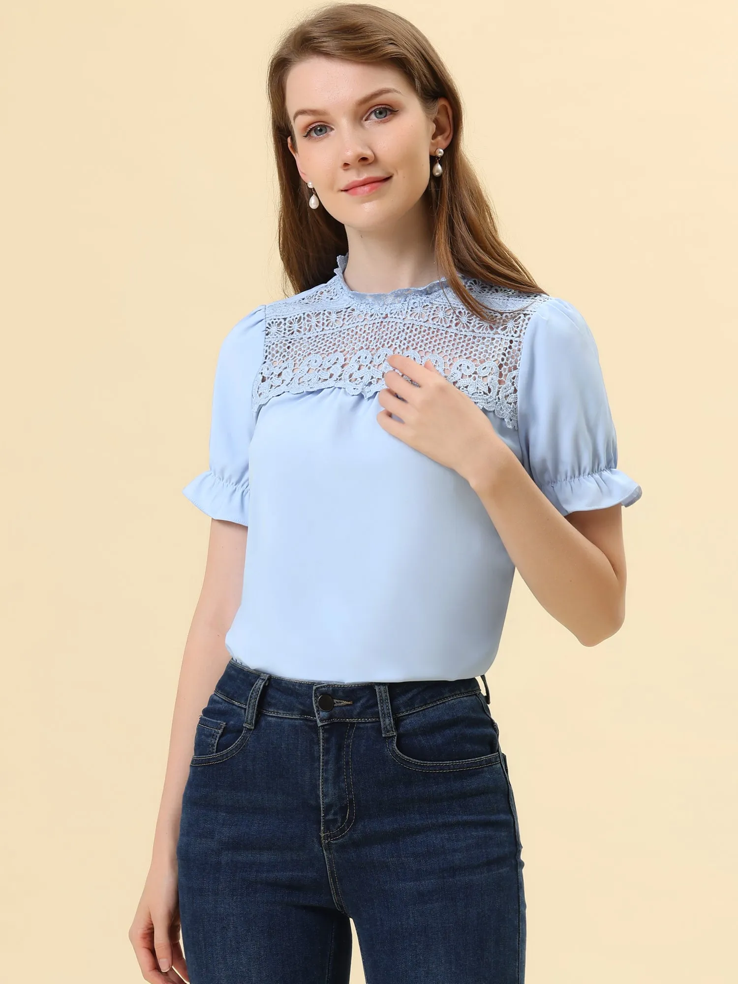 Elegant Lace Crochet Puff Sleeve Bohemian Ruffled Collar Blouse Top
