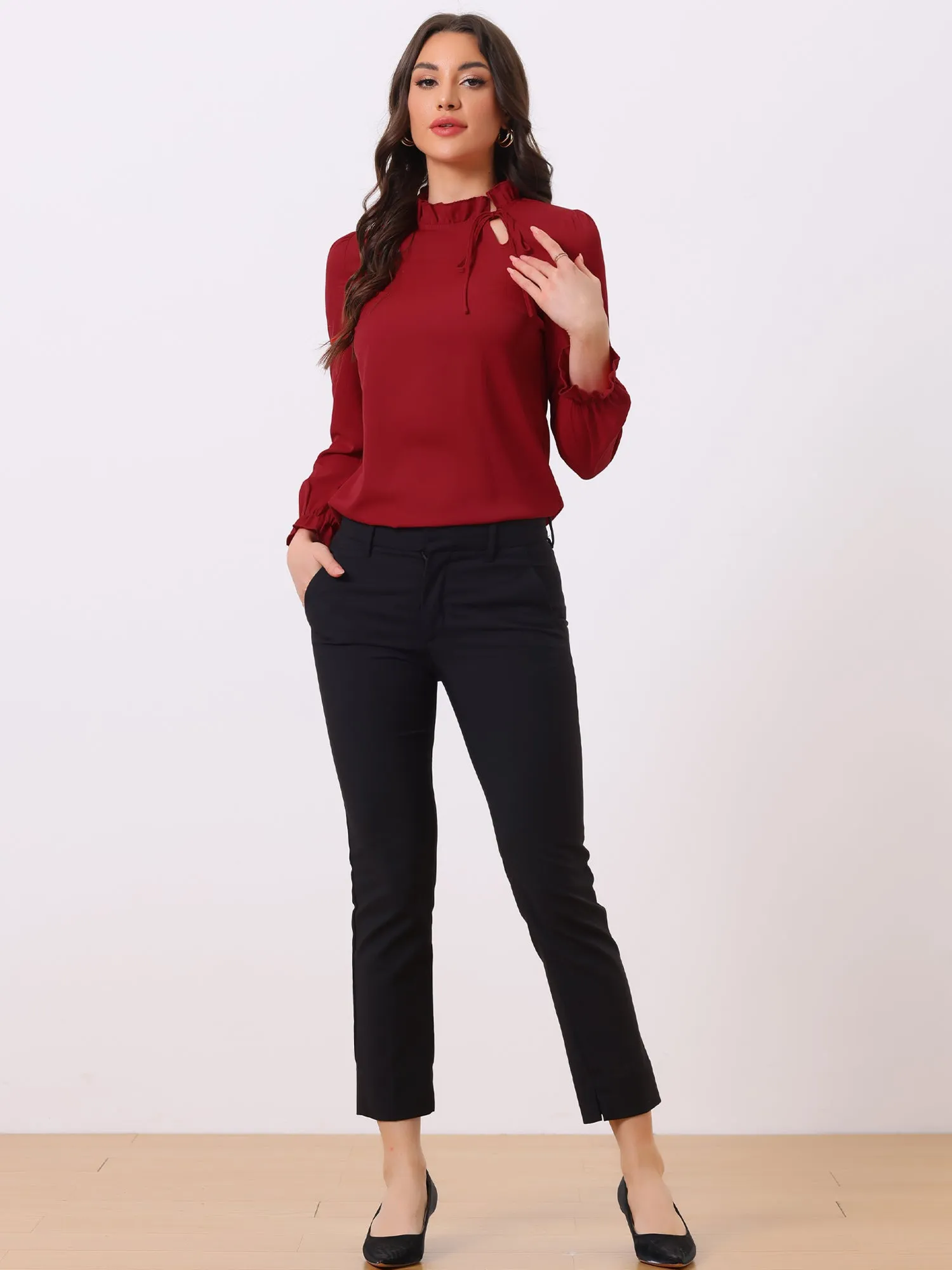 Elegant Long Sleeve Blouse Ruffle Tie Neck Business Work Top