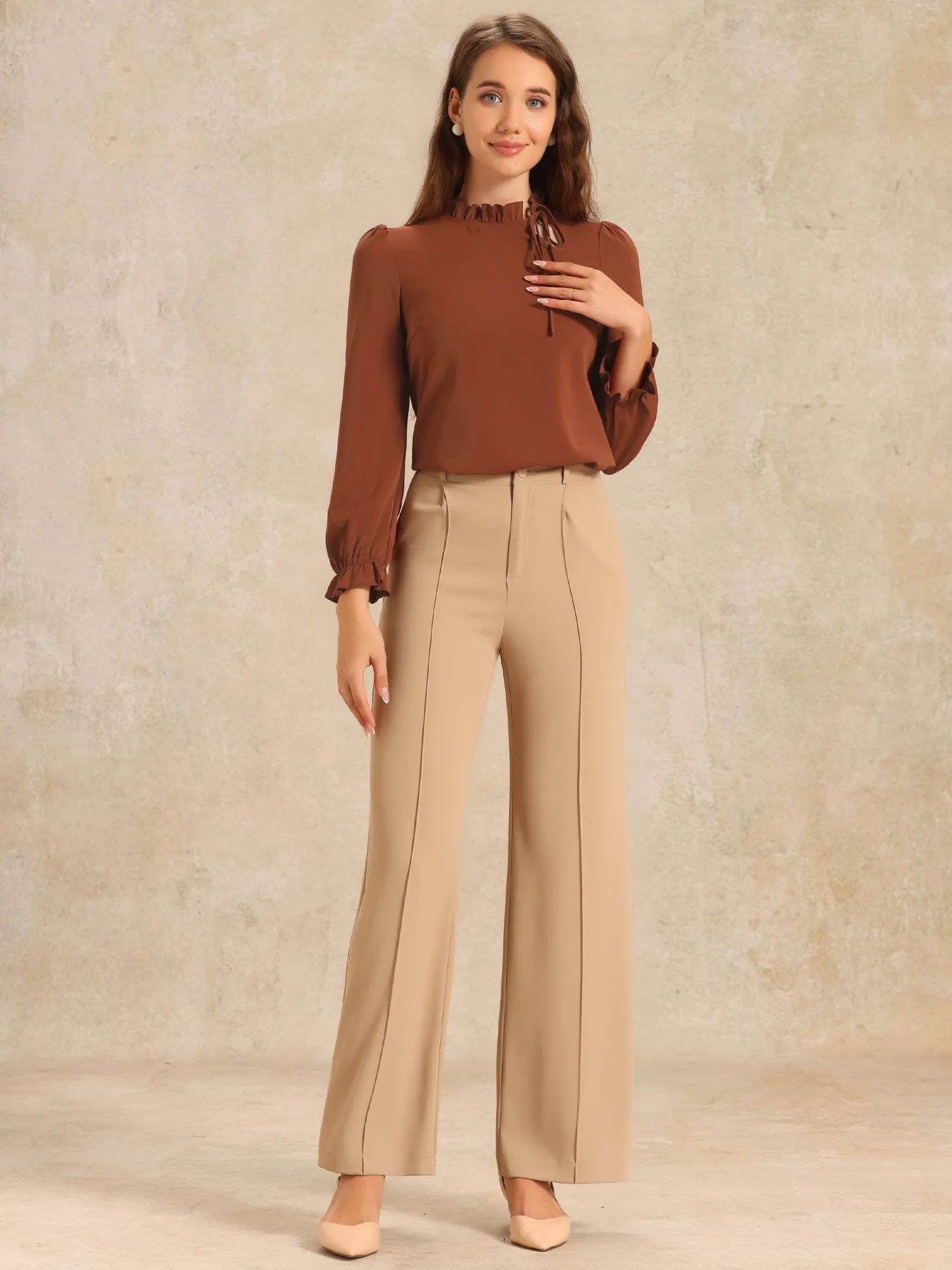 Elegant Long Sleeve Blouse Ruffle Tie Neck Business Work Top