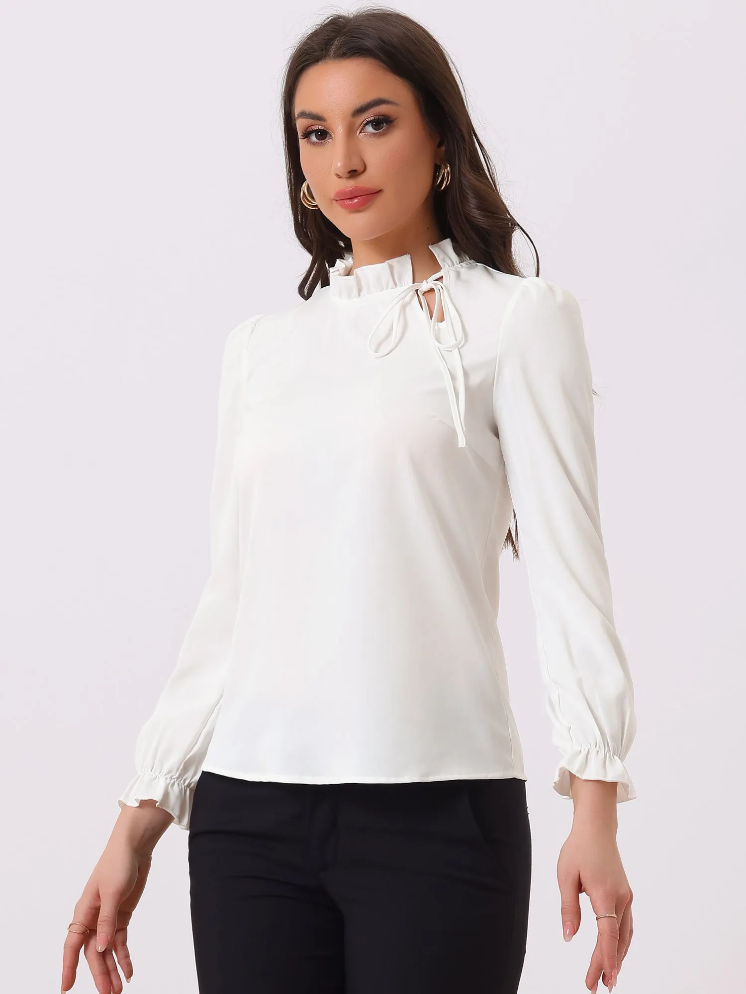 Elegant Long Sleeve Blouse Ruffle Tie Neck Business Work Top