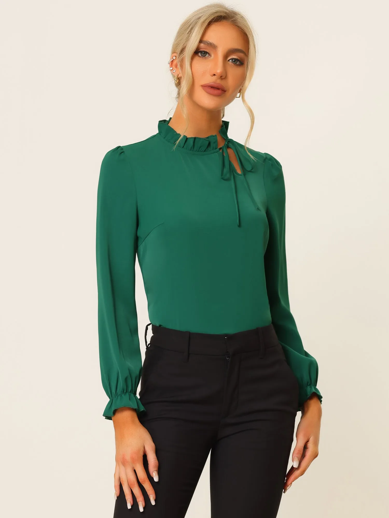 Elegant Long Sleeve Blouse Ruffle Tie Neck Business Work Top