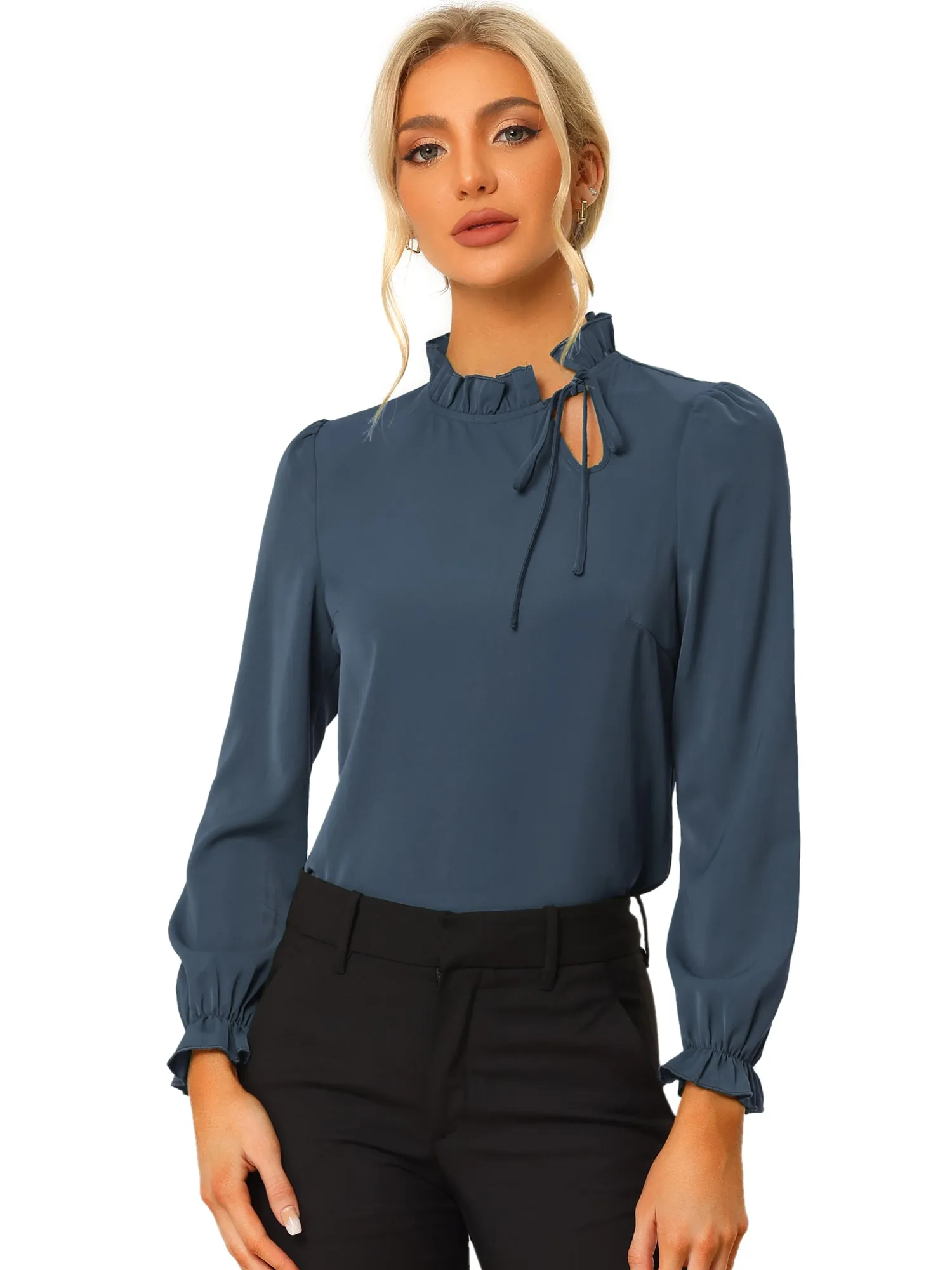 Elegant Long Sleeve Blouse Ruffle Tie Neck Business Work Top